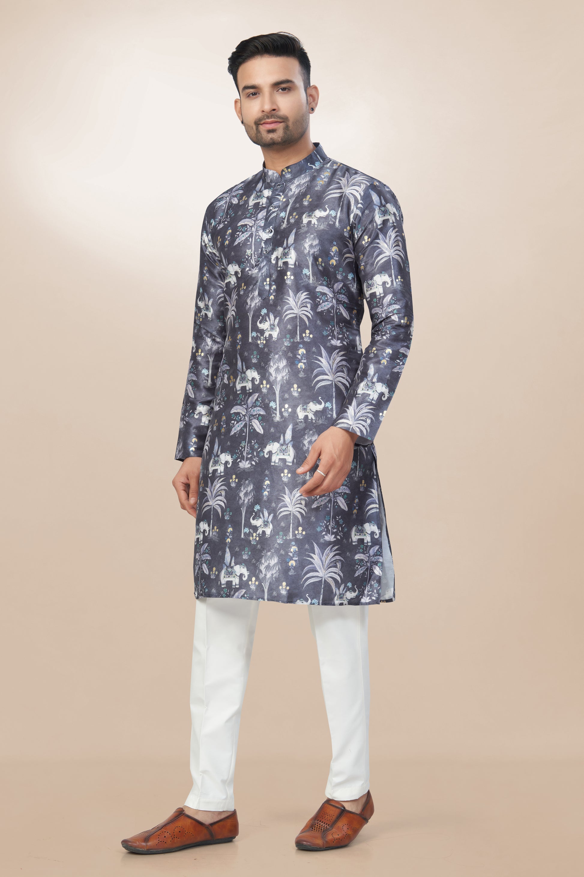 Classic Mandarin Silk Printed Kurta