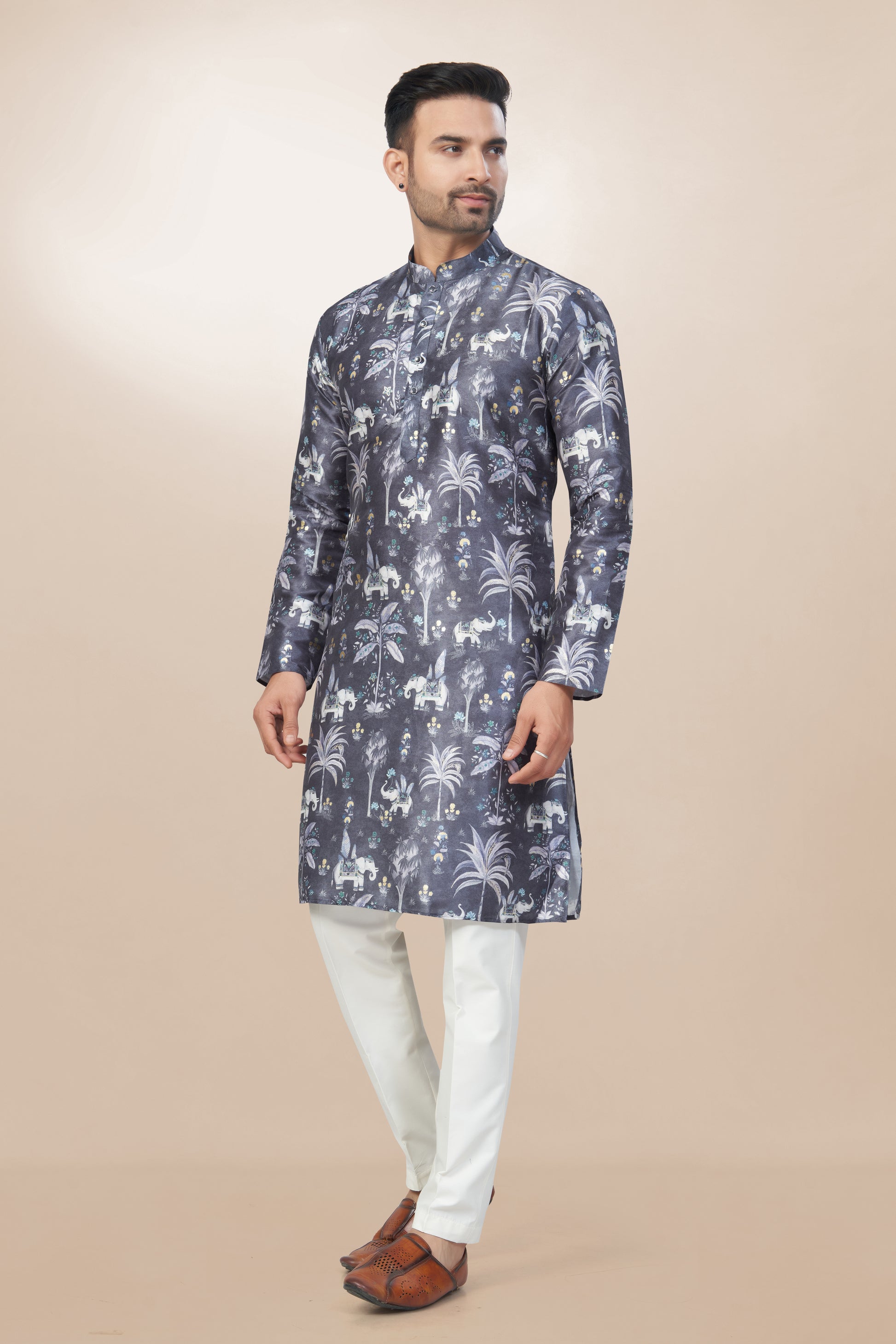 Classic Mandarin Silk Printed Kurta