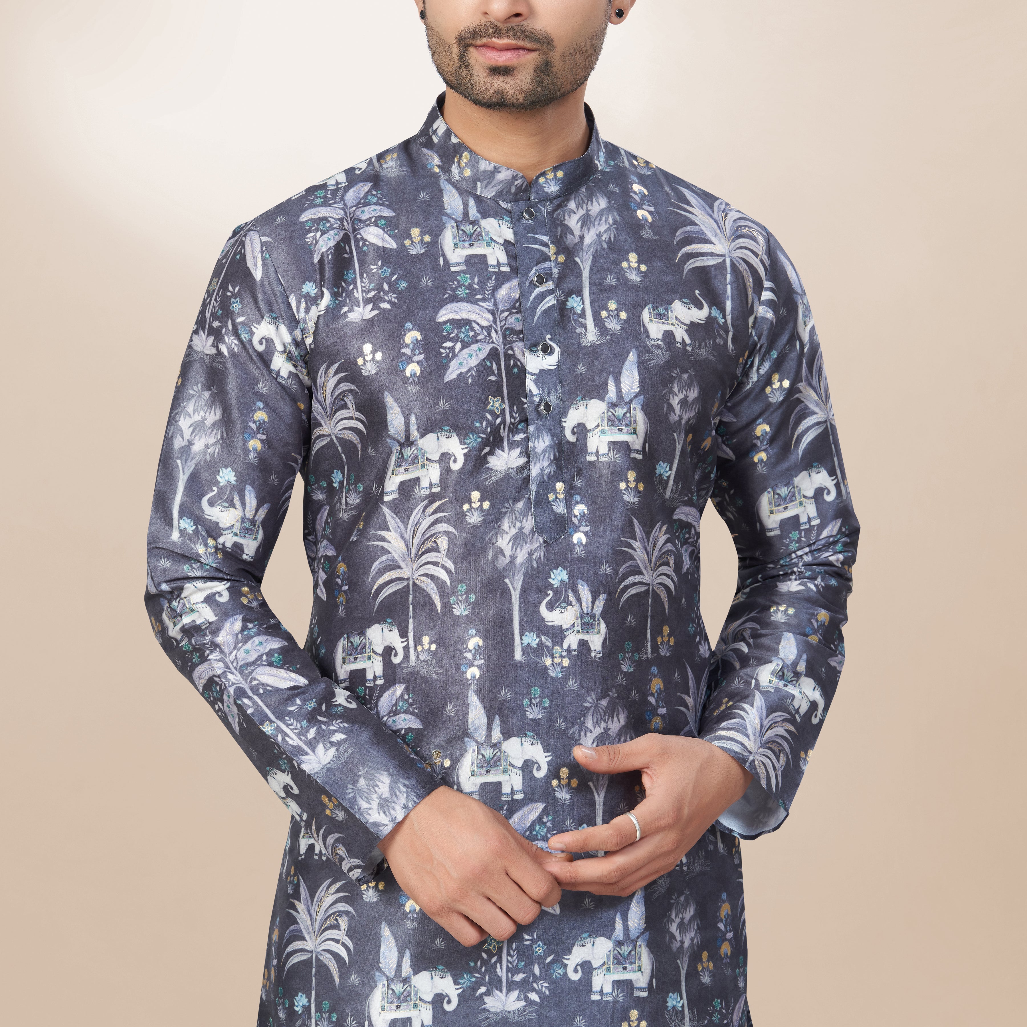 Classic Mandarin Silk Printed Kurta
