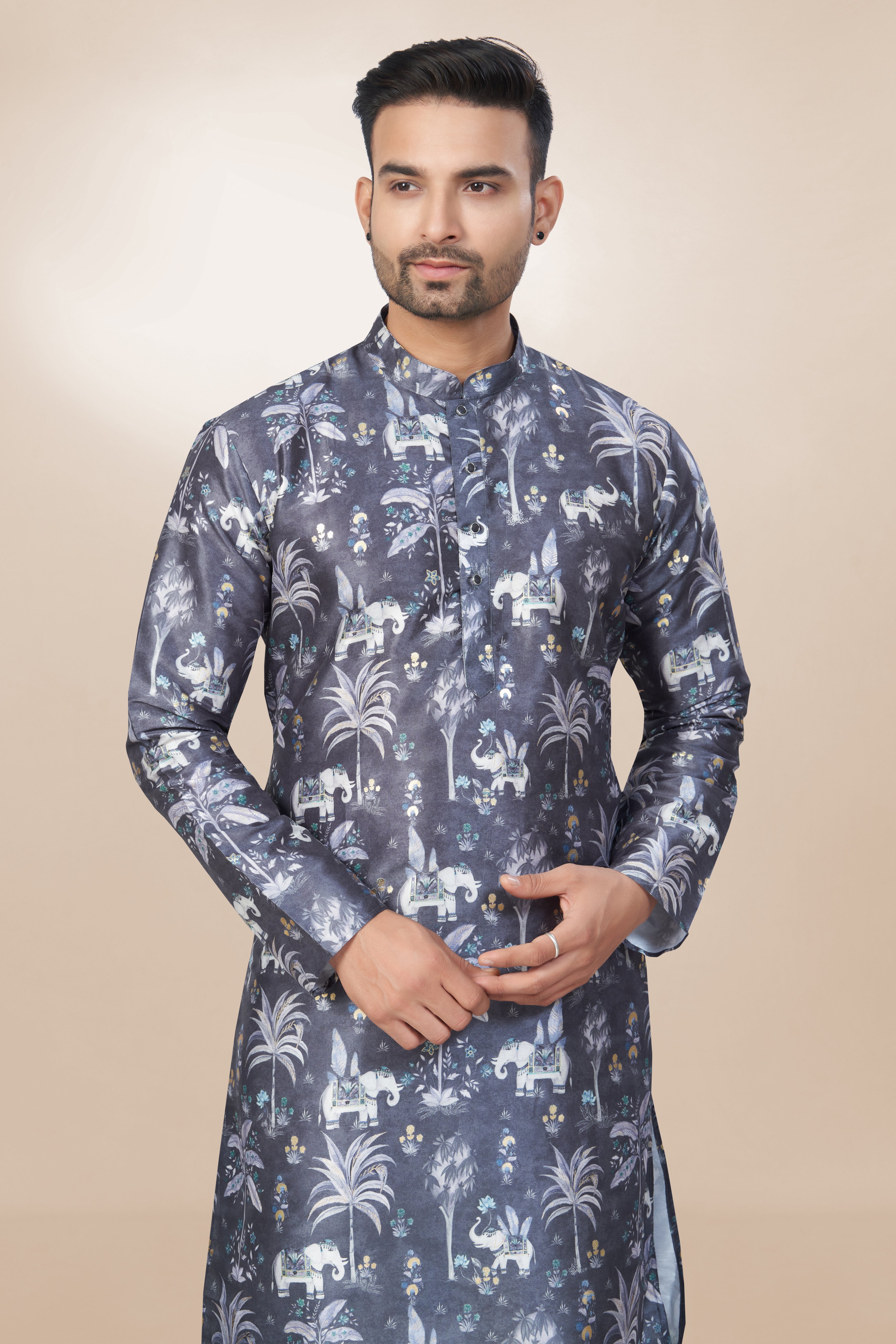 Classic Mandarin Silk Printed Kurta