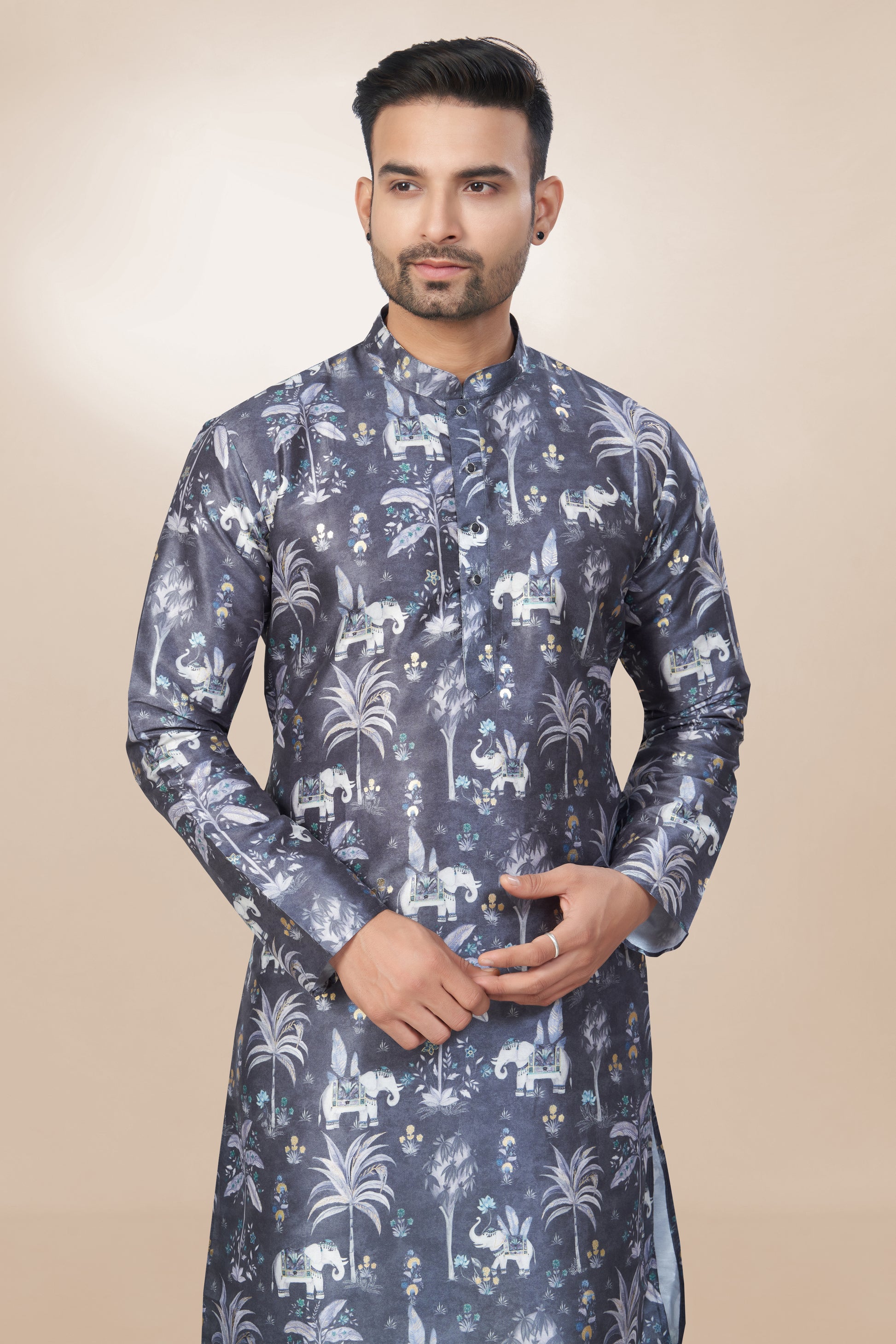 Classic Mandarin Silk Printed Kurta