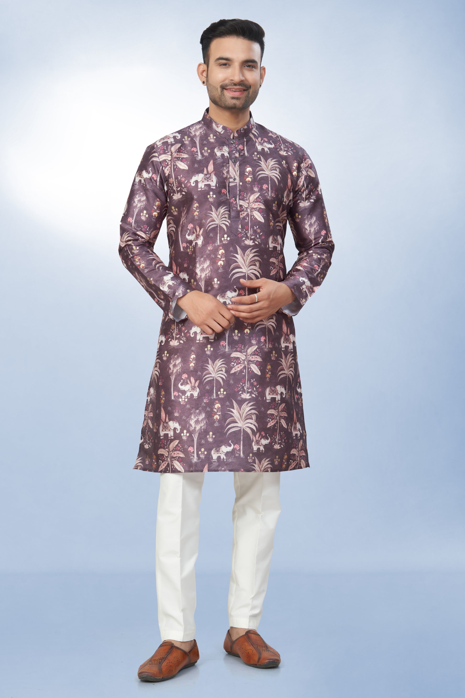 Classic Regal Plum Printed Silk Kurta