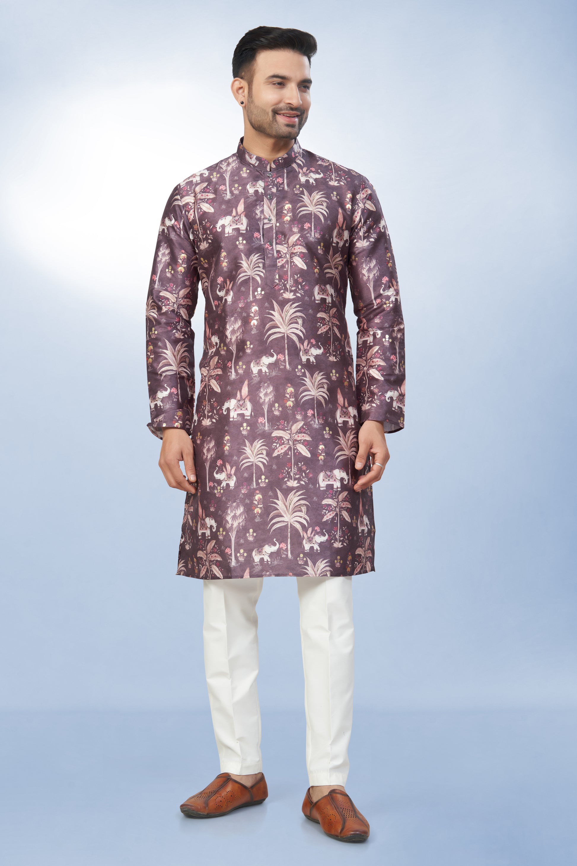 Classic Regal Plum Printed Silk Kurta
