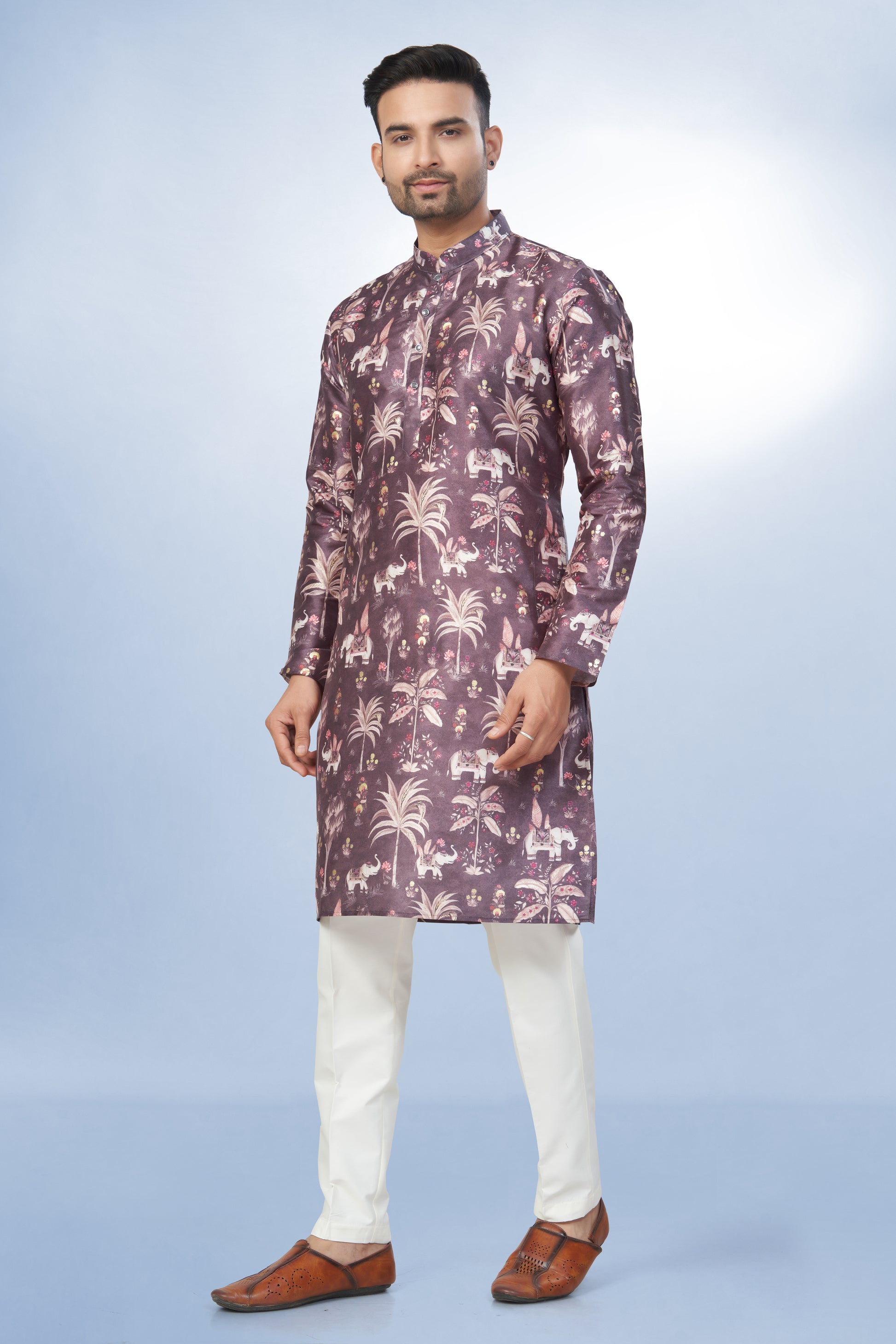 Classic Regal Plum Printed Silk Kurta