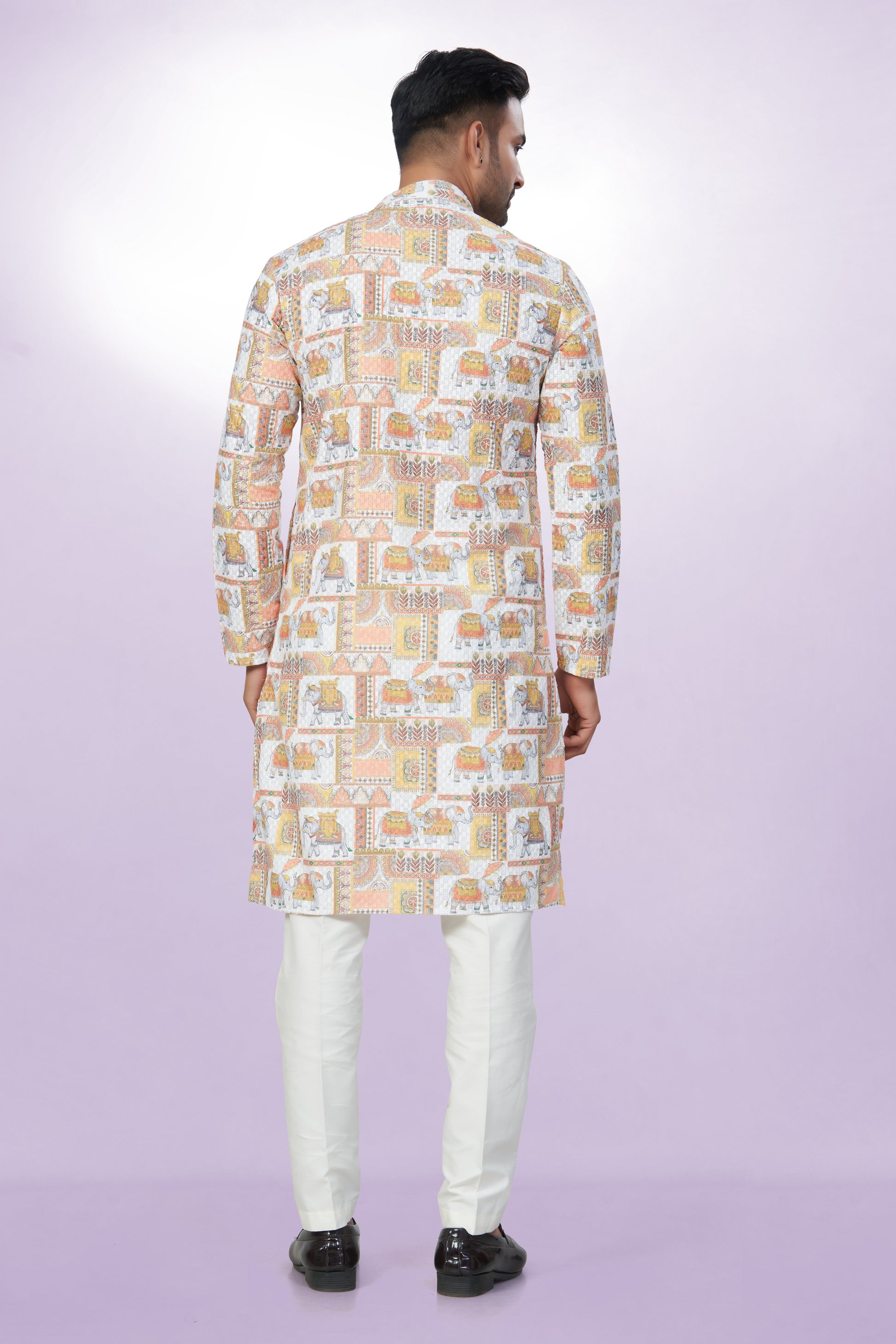 Elephant Printed Cotton Kurta For Men | Chickenkari Work