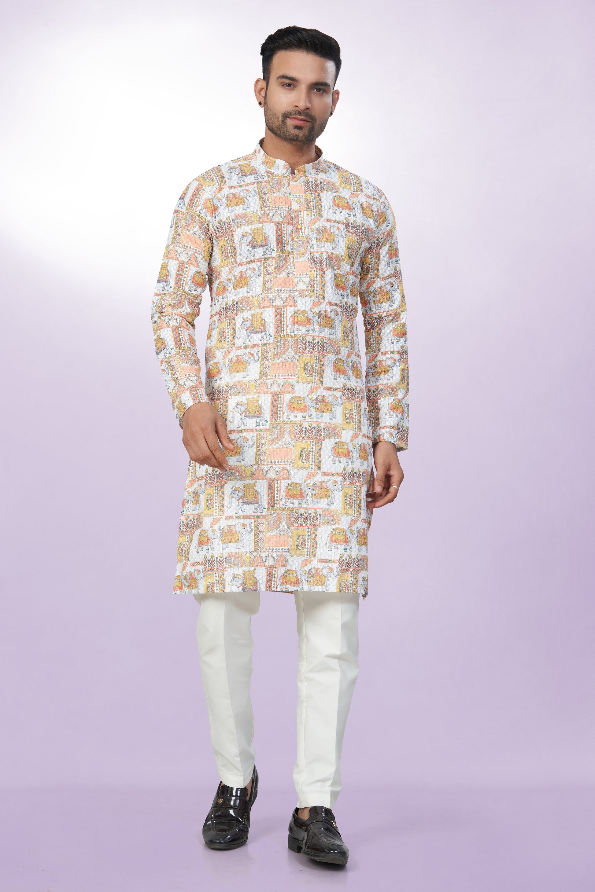 Elephant Printed Cotton Kurta For Men | Chickenkari Work
