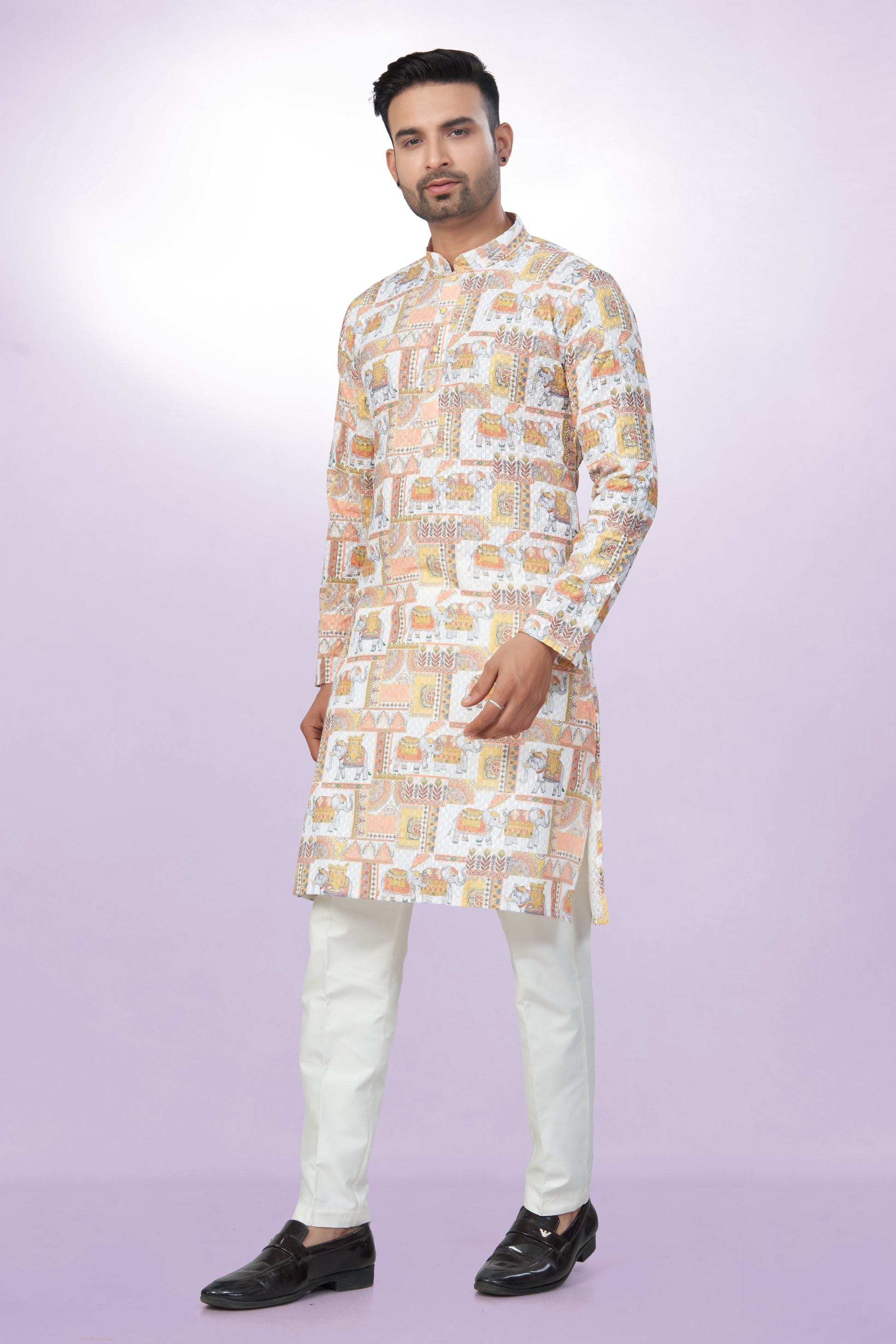 Elephant Printed Cotton Kurta For Men | Chickenkari Work