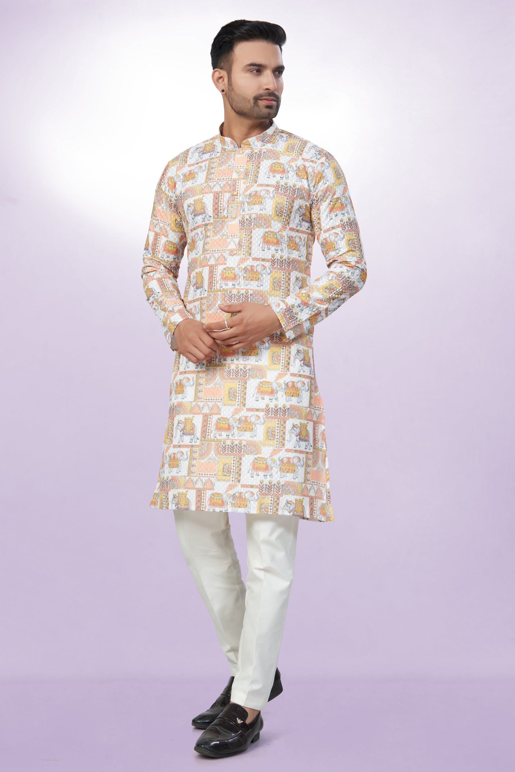 Elephant Printed Cotton Kurta For Men | Chickenkari Work