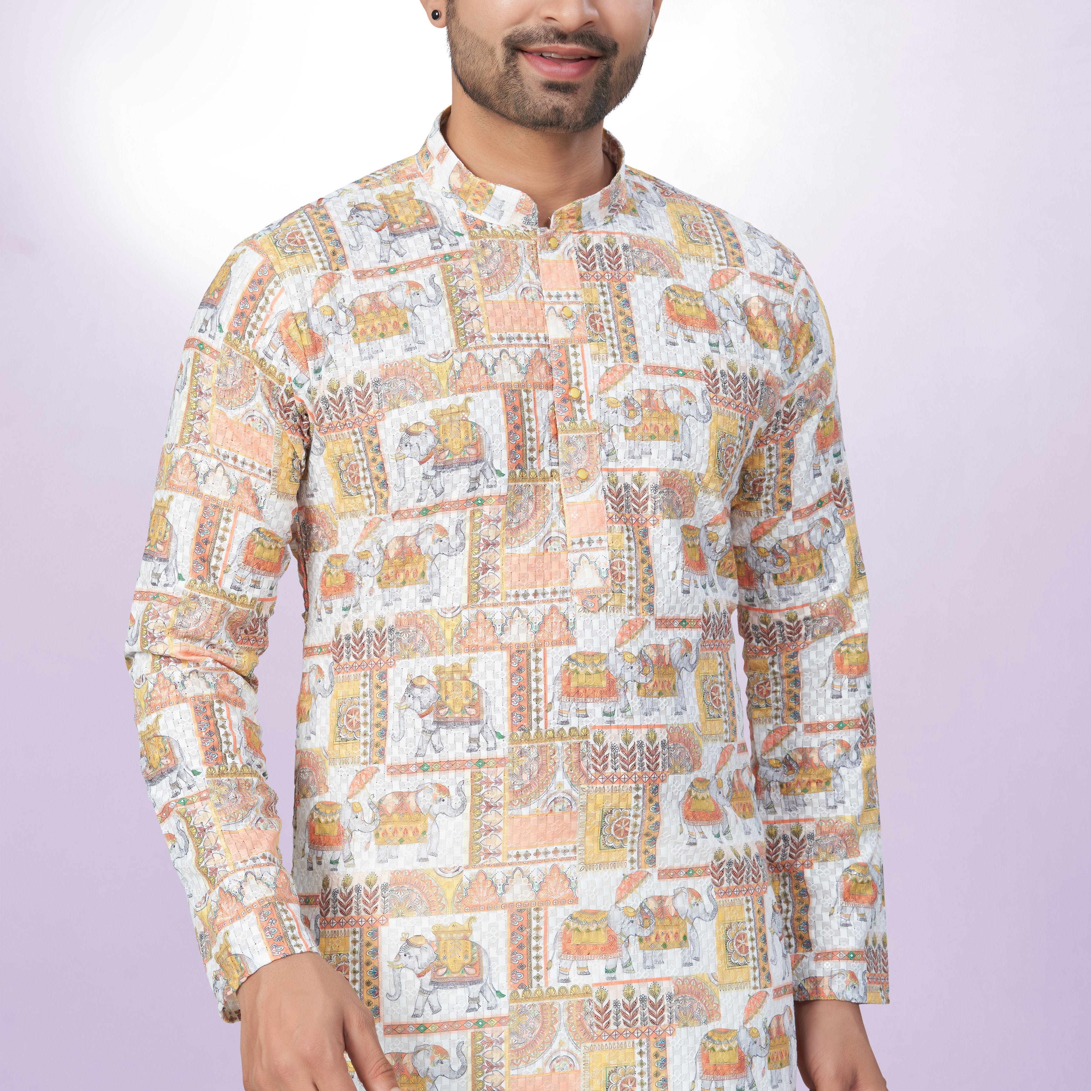 Elephant Printed Cotton Kurta For Men | Chickenkari Work