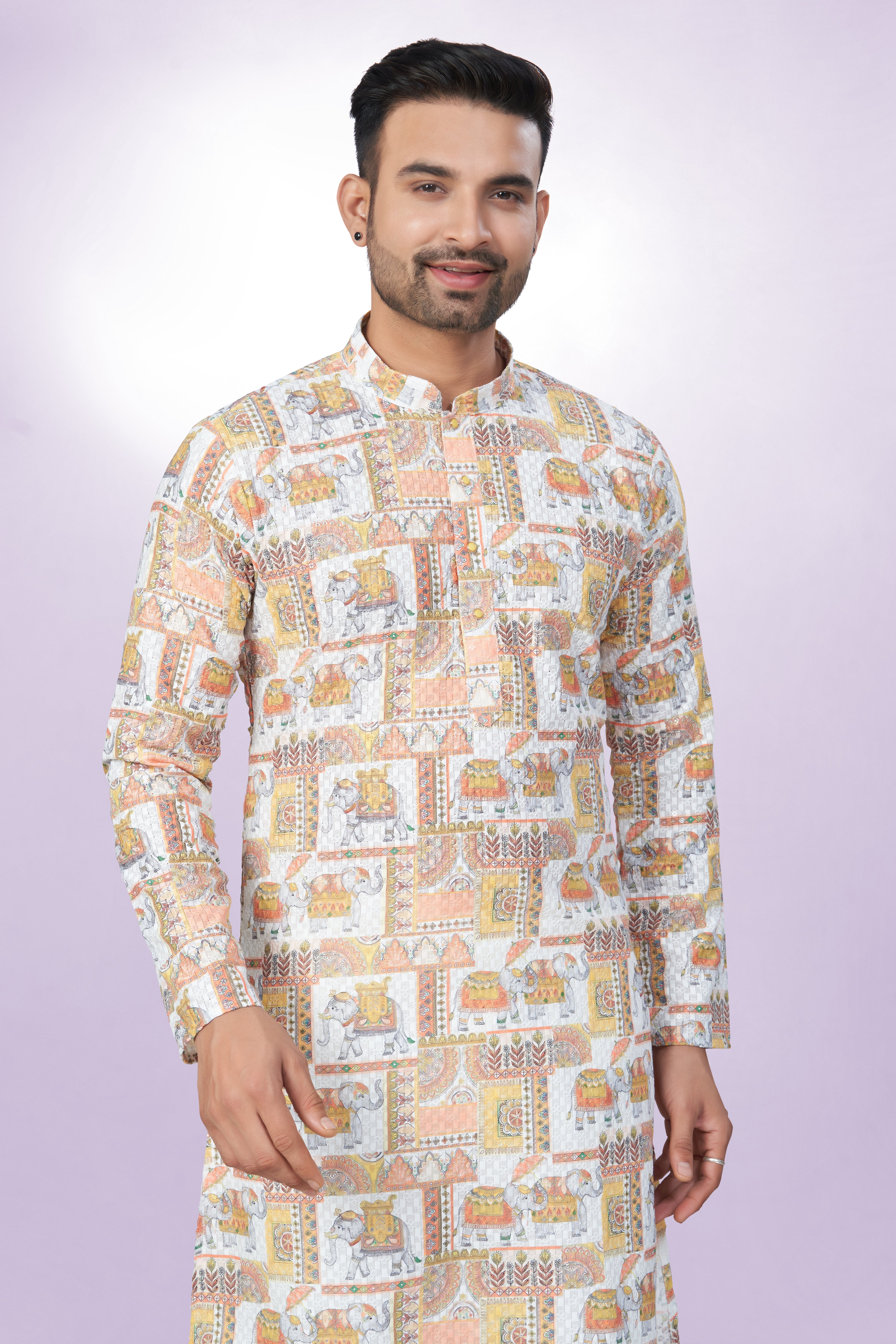 Elephant Printed Cotton Kurta For Men | Chickenkari Work