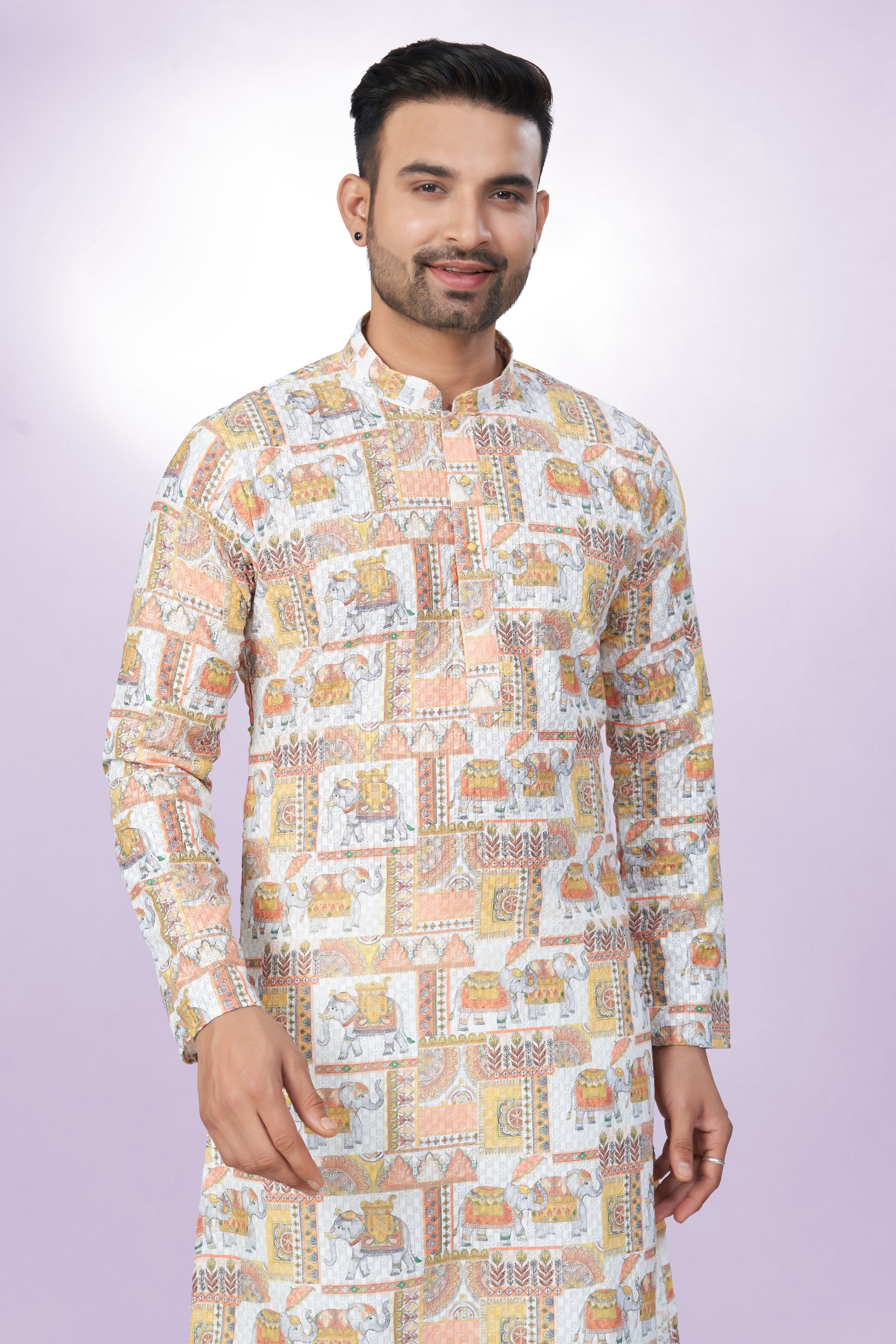 Elephant Printed Cotton Kurta For Men | Chickenkari Work