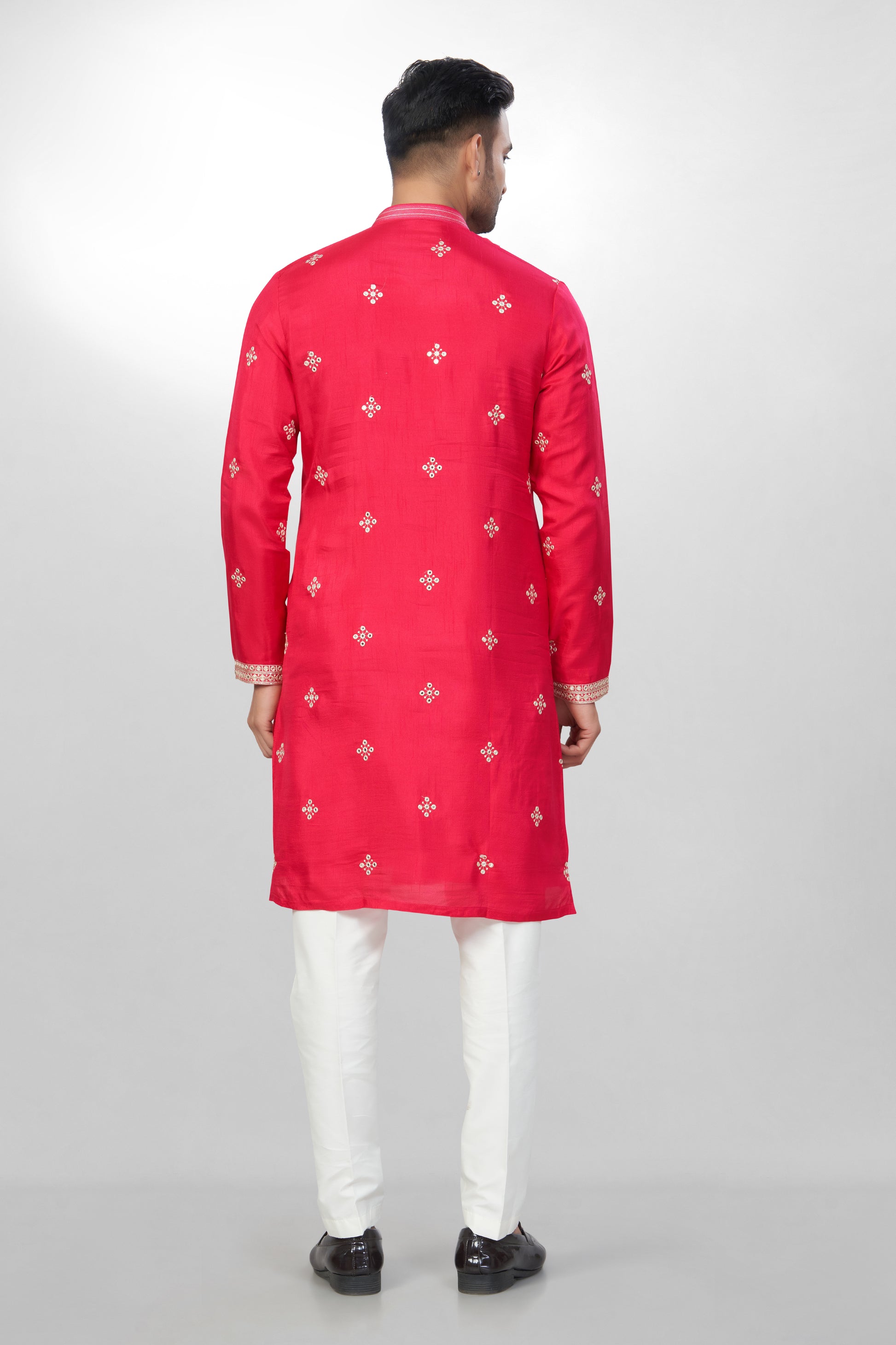 Lustrous Rani red Silk Kurta Set for men - Heavy Mirror & Thread Embroidery