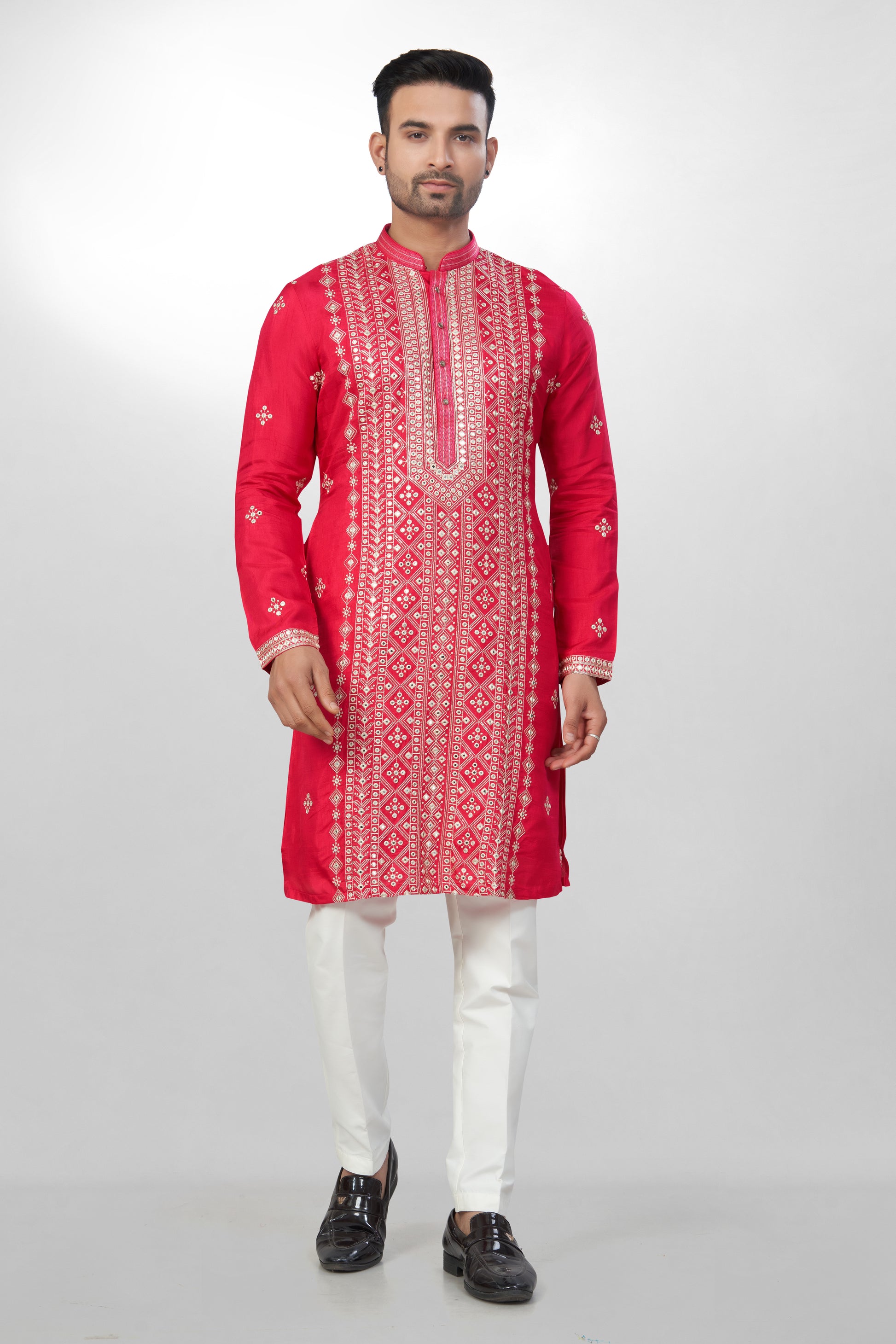 Lustrous Rani red Silk Kurta Set for men - Heavy Mirror & Thread Embroidery