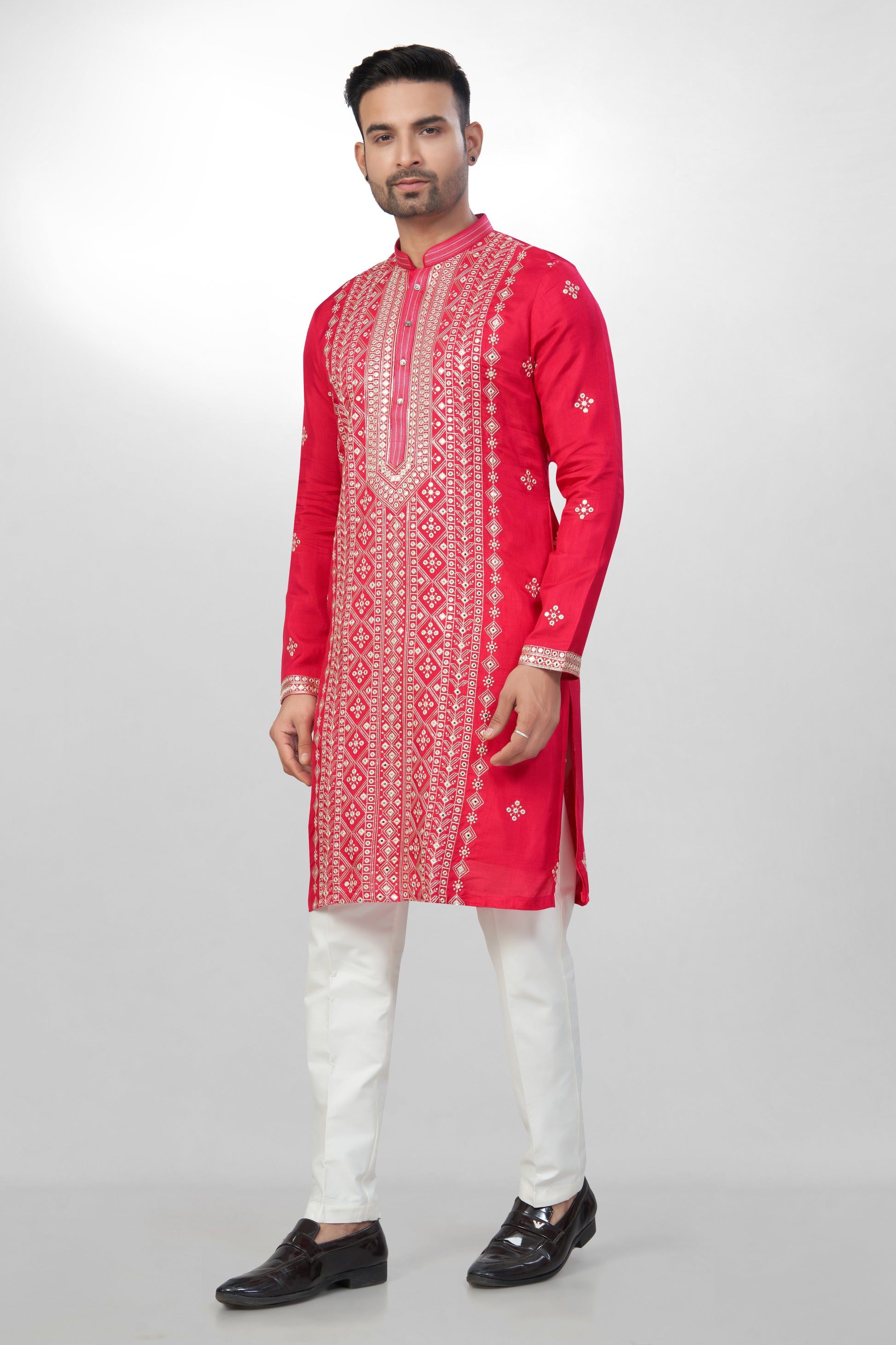 Lustrous Rani red Silk Kurta Set for men - Heavy Mirror & Thread Embroidery