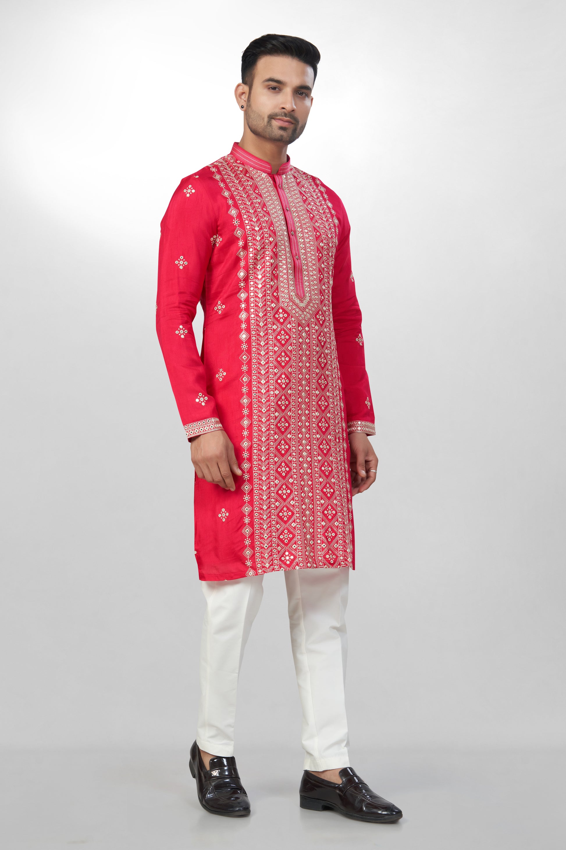 Lustrous Rani red Silk Kurta Set for men - Heavy Mirror & Thread Embroidery