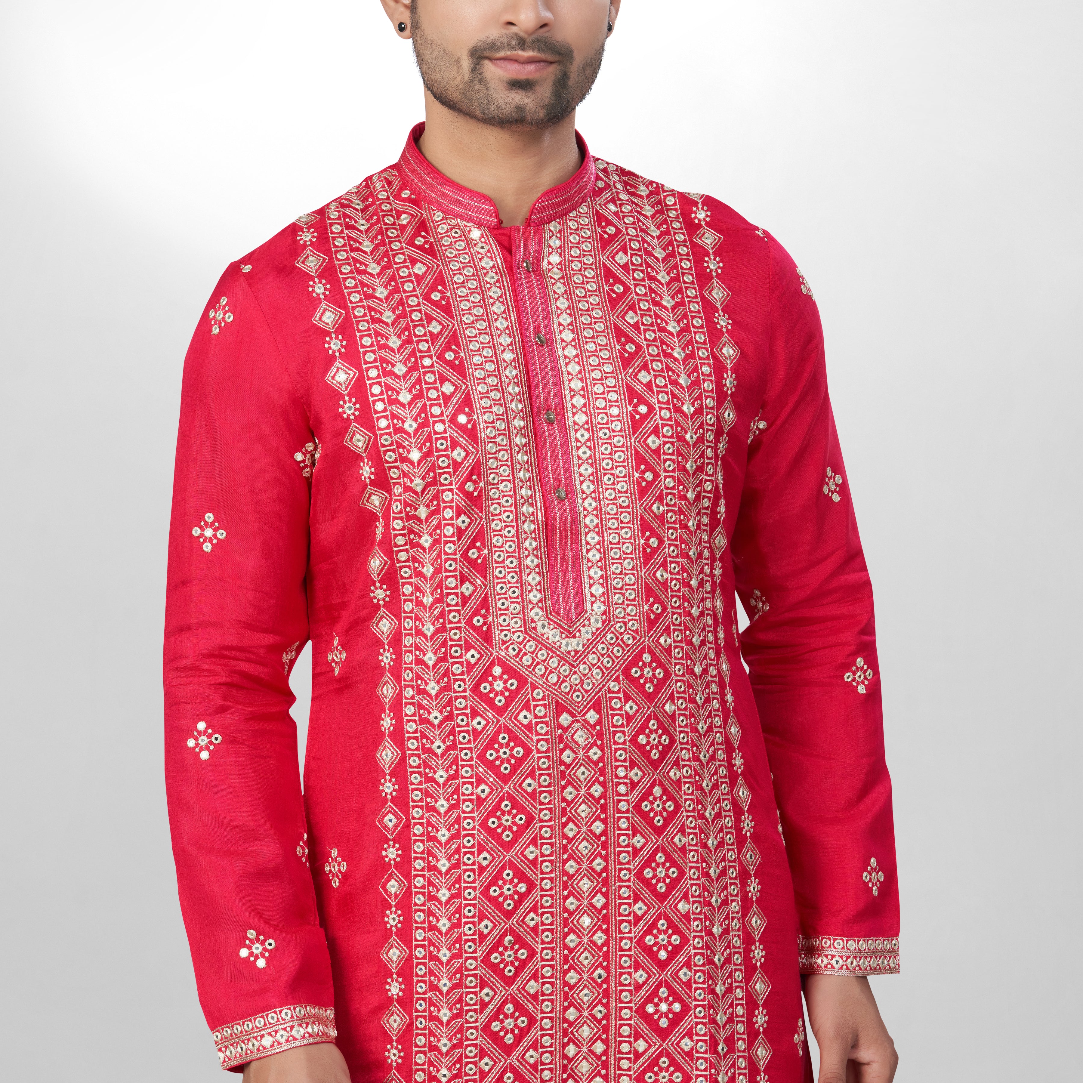 Lustrous Rani red Silk Kurta Set for men - Heavy Mirror & Thread Embroidery