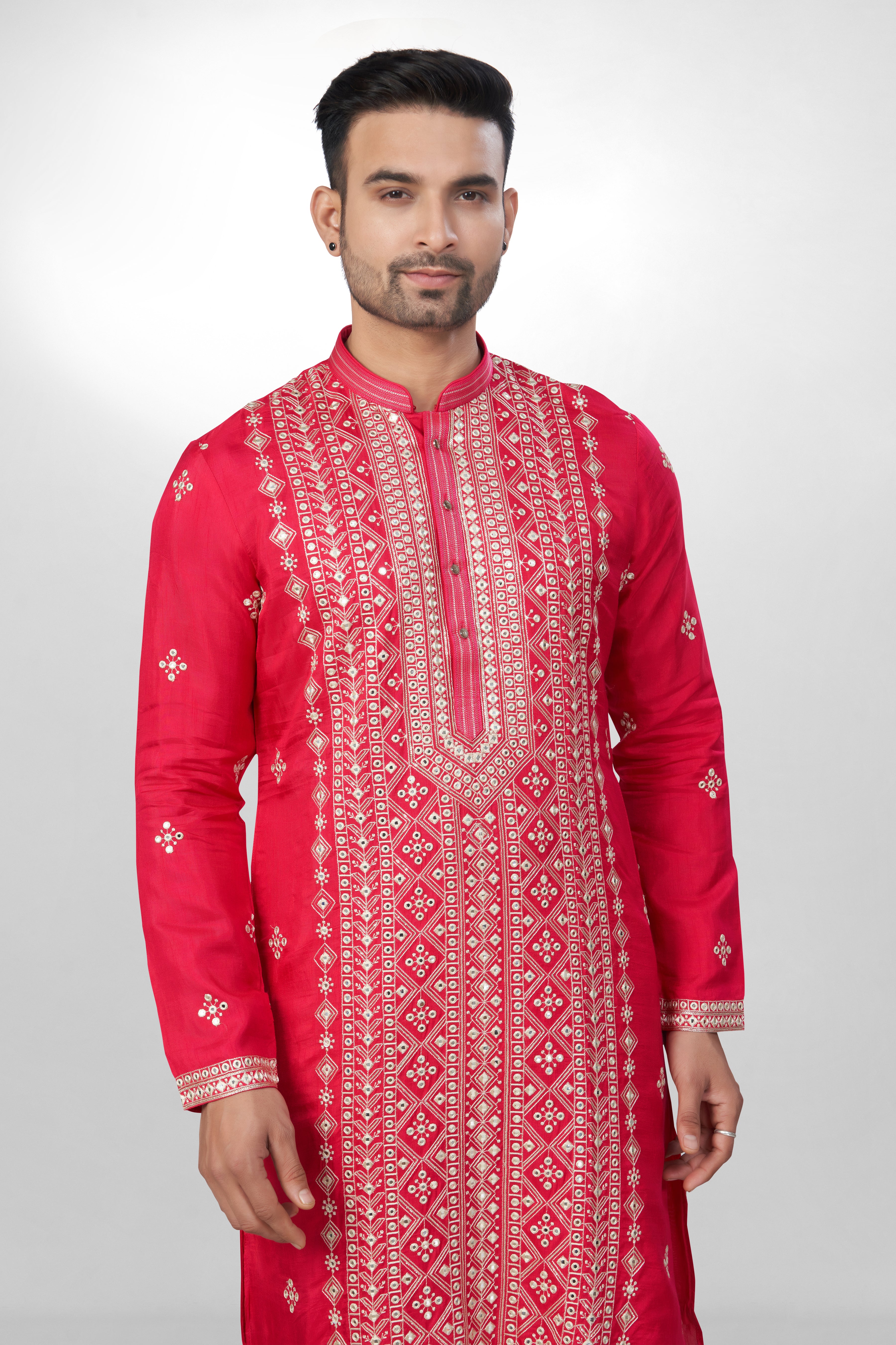 Lustrous Rani red Silk Kurta Set for men - Heavy Mirror & Thread Embroidery