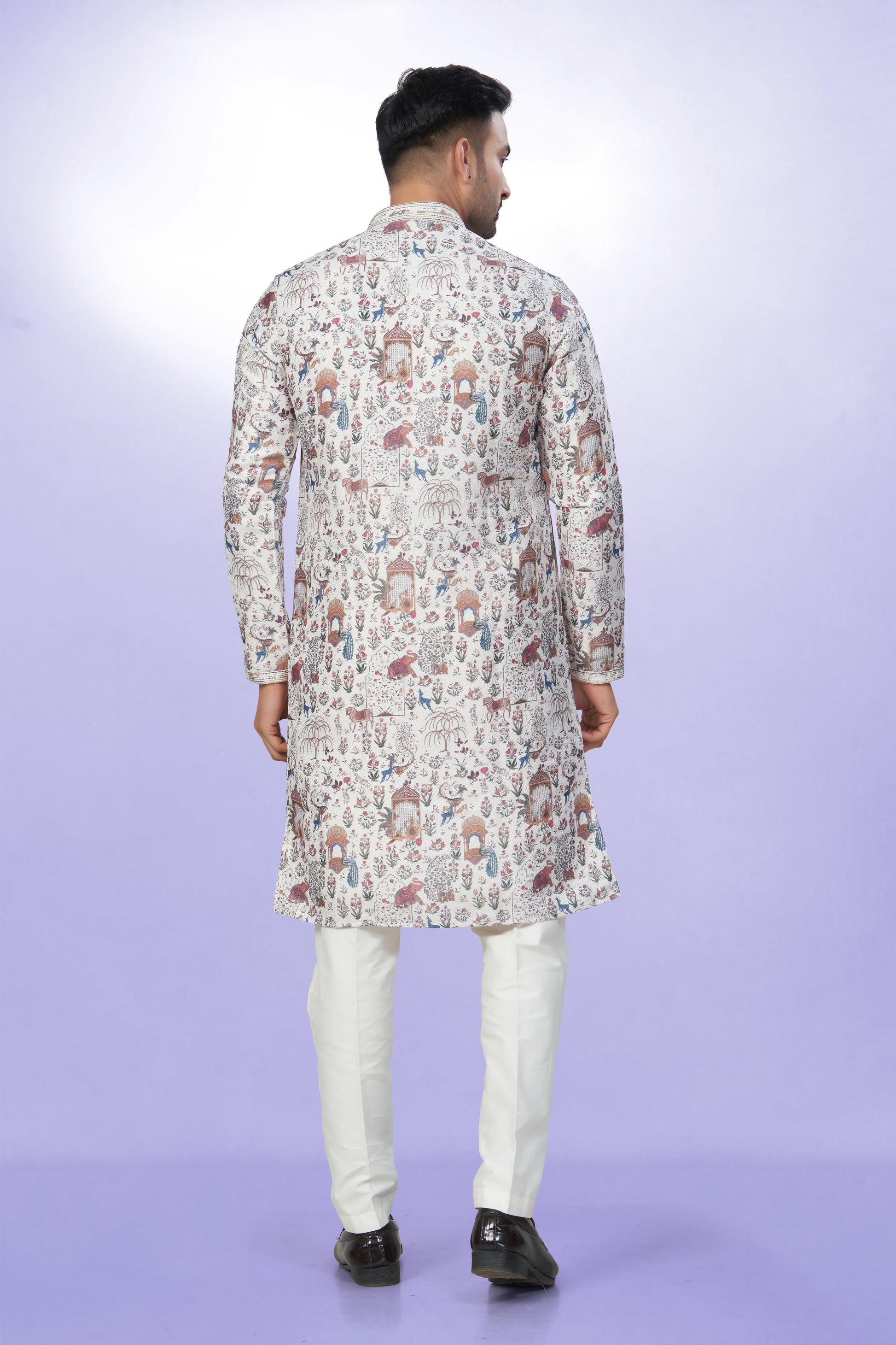 White All-Over Printed Kurta for Men - Cotton lining