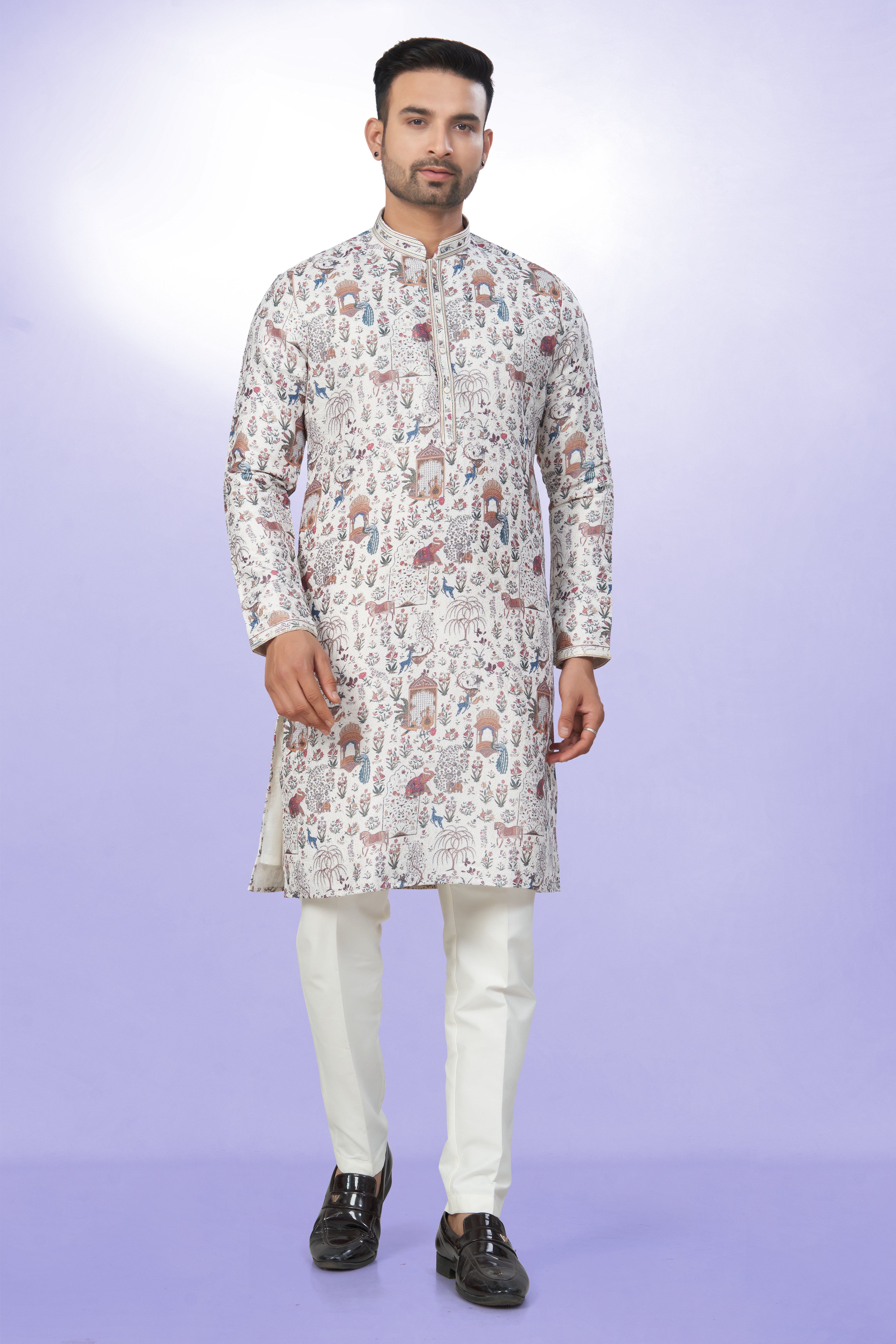 White All-Over Printed Kurta for Men - Cotton lining