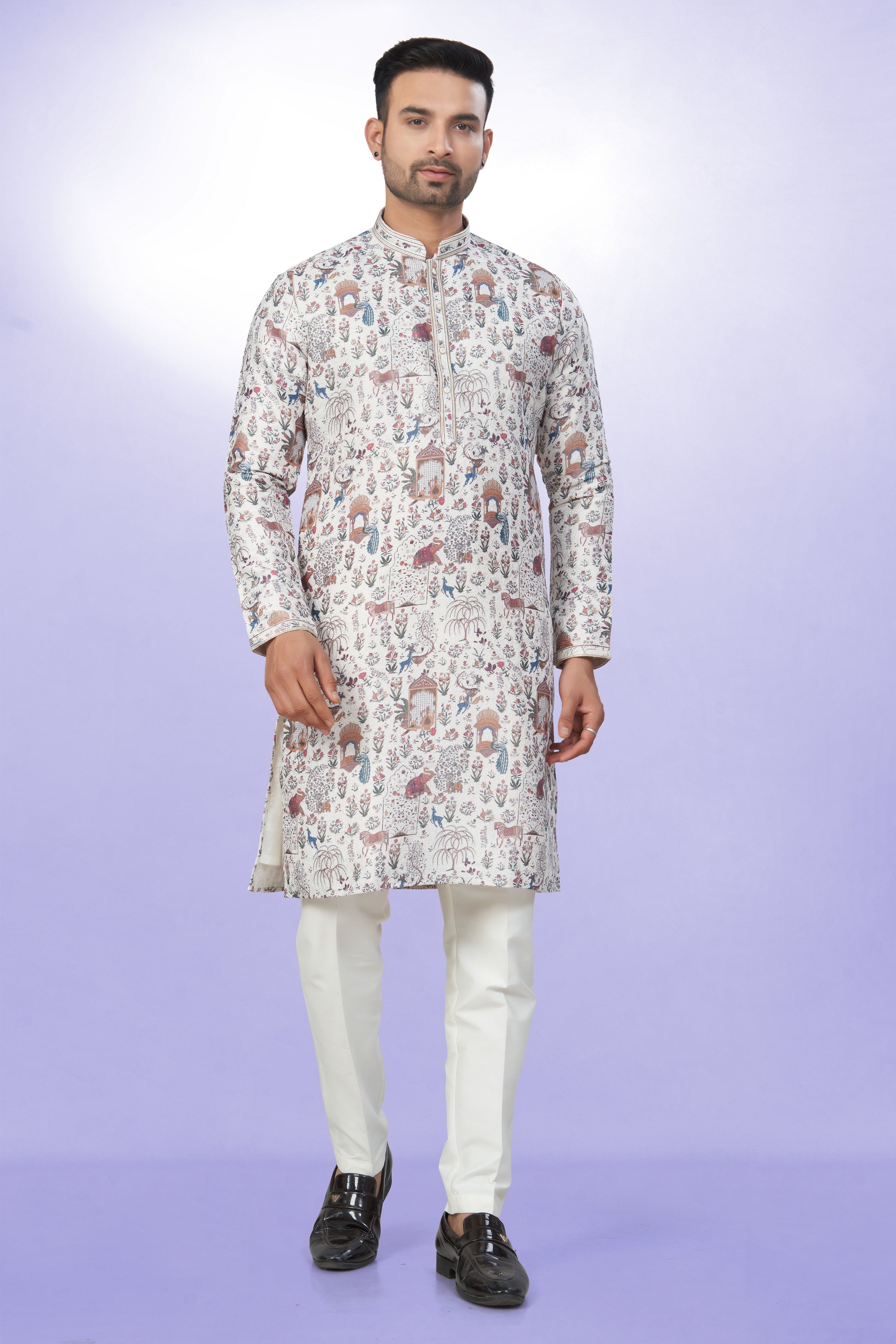 White All-Over Printed Kurta for Men - Cotton lining