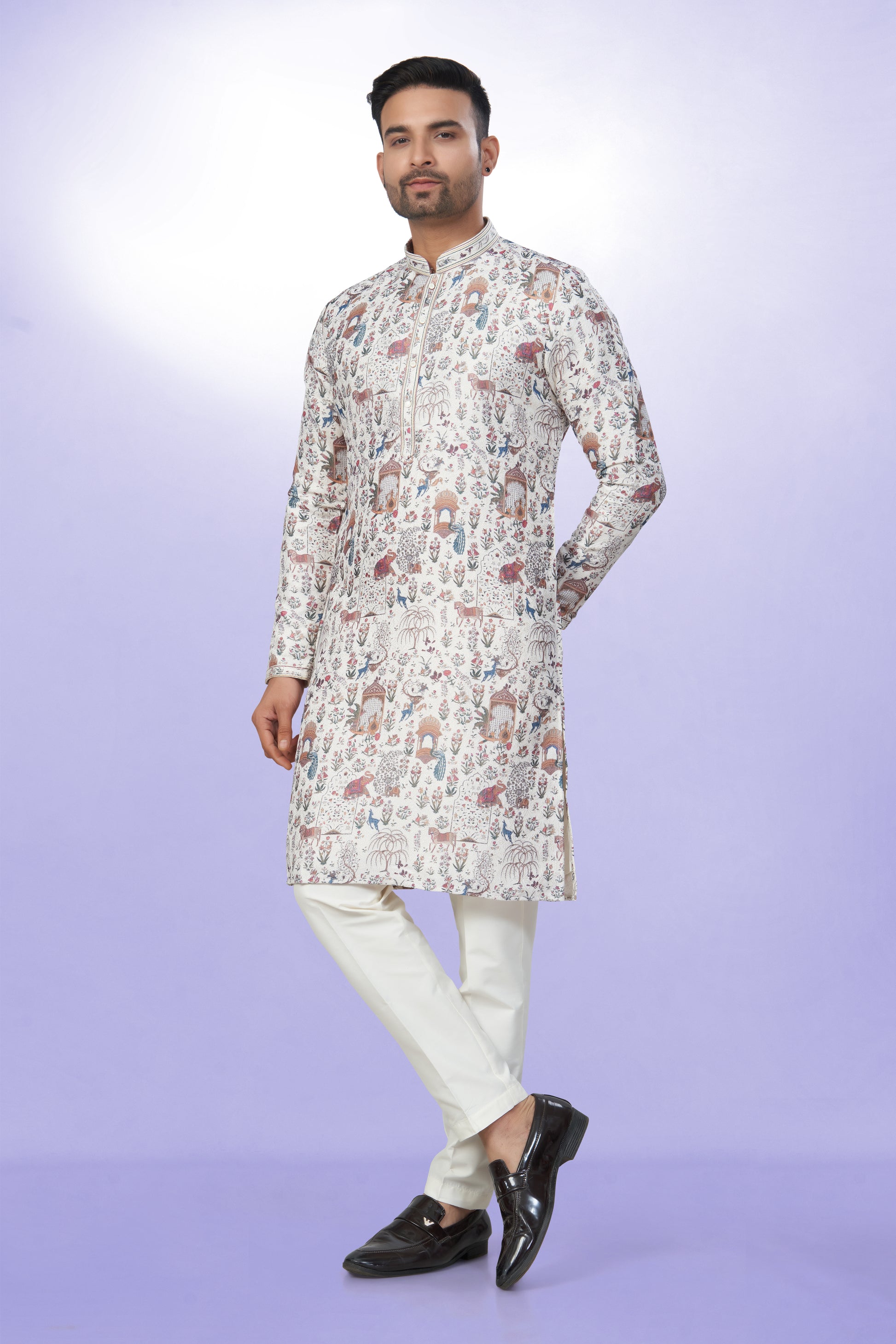 White All-Over Printed Kurta for Men - Cotton lining