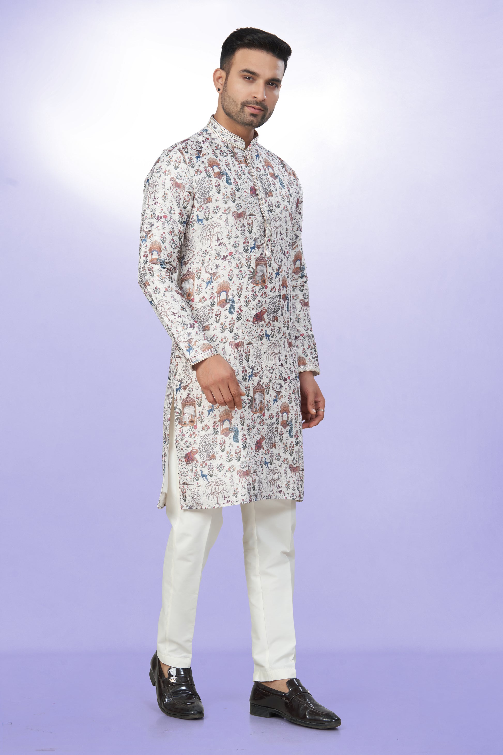 White All-Over Printed Kurta for Men - Cotton lining