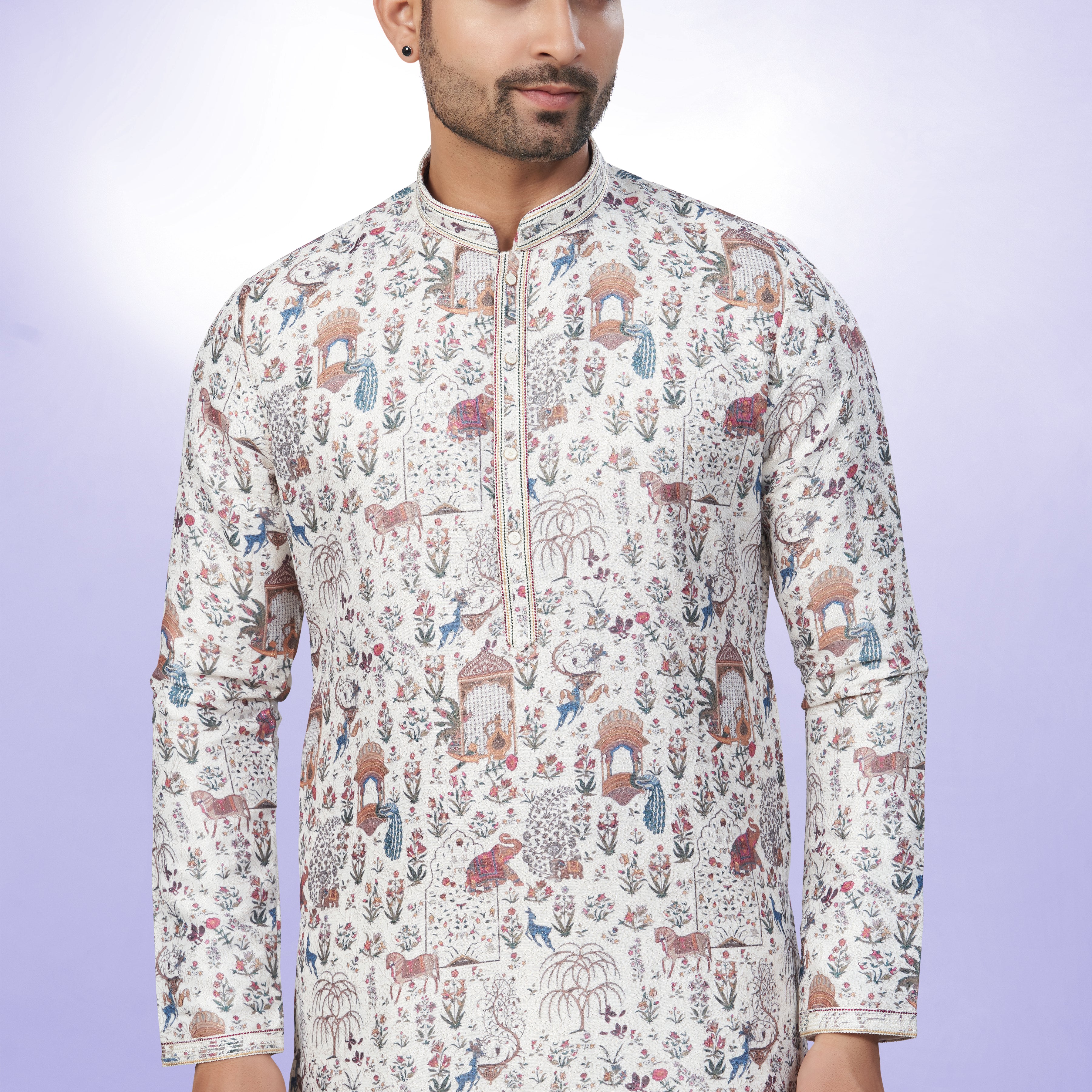 White All-Over Printed Kurta for Men - Cotton lining