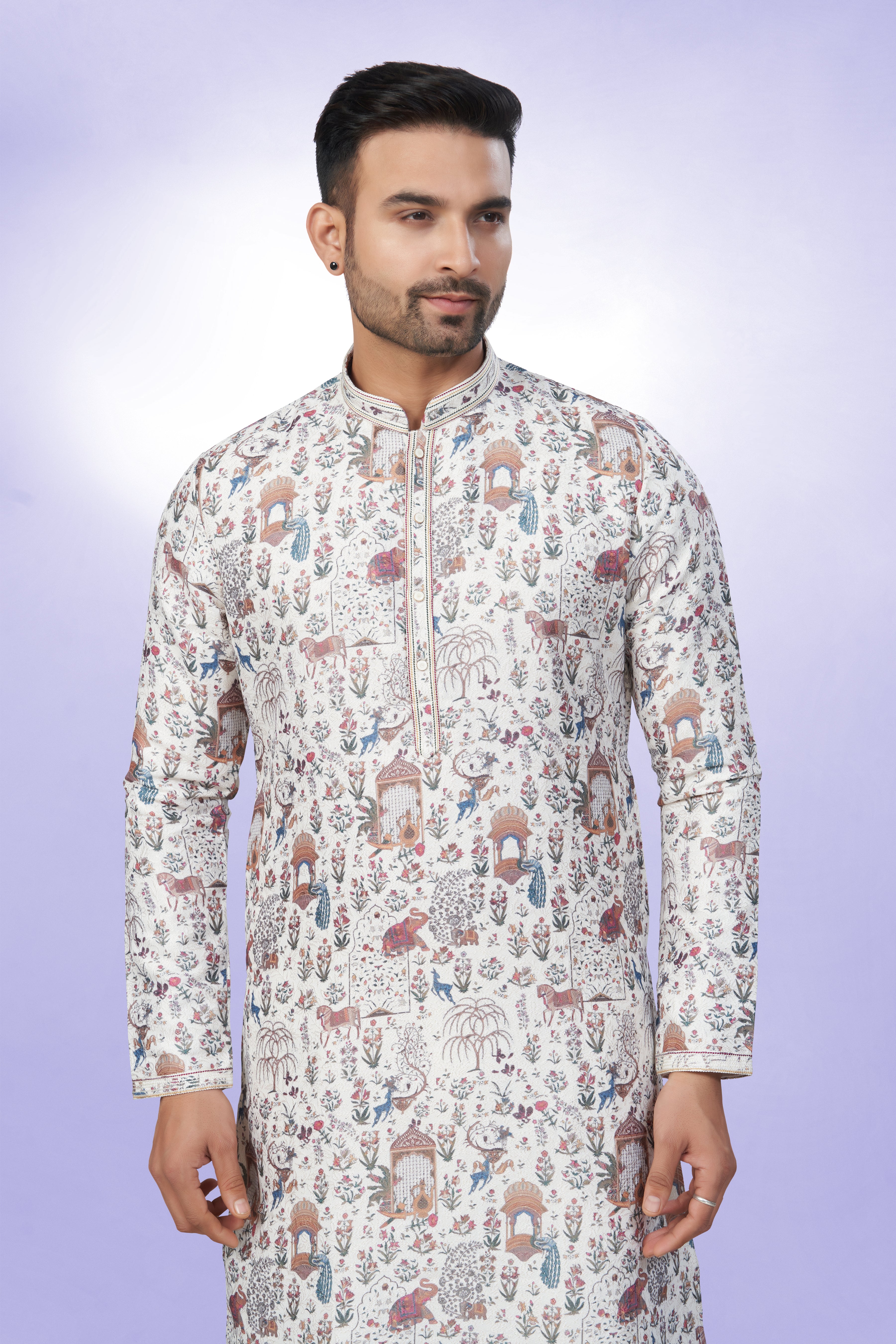 White All-Over Printed Kurta for Men - Cotton lining