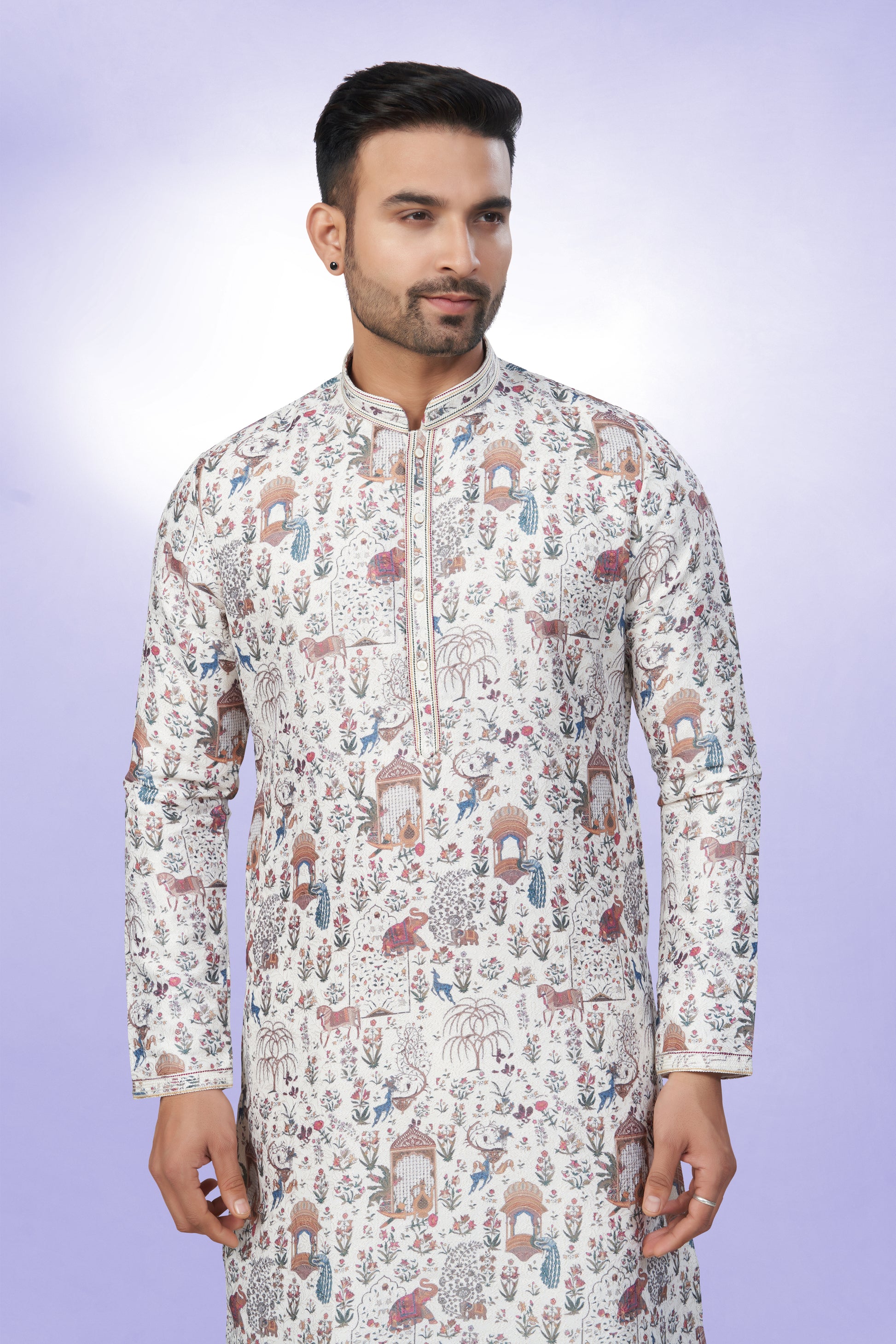 White All-Over Printed Kurta for Men - Cotton lining