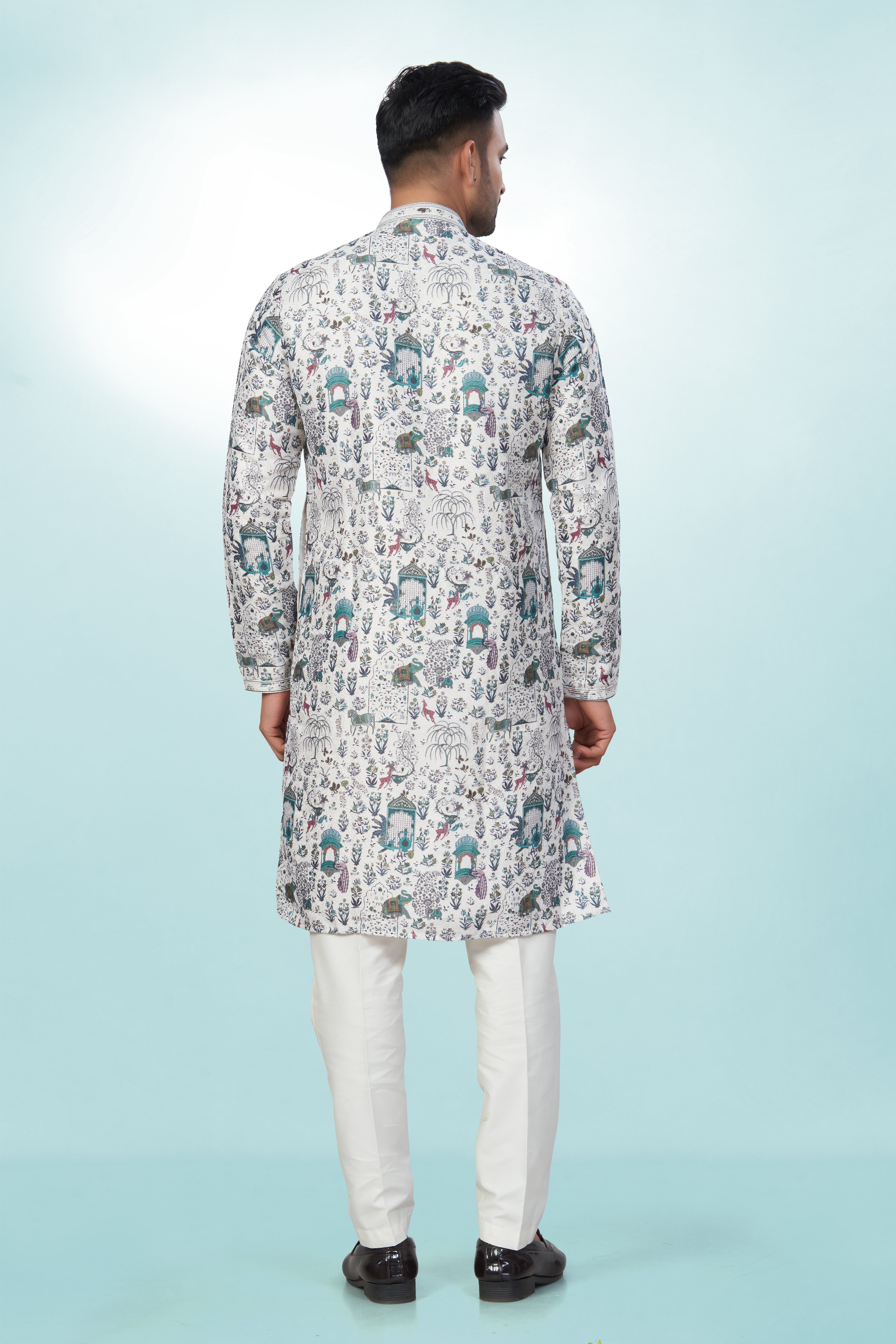 White All-Over Printed Kurta for Men - Cotton lining