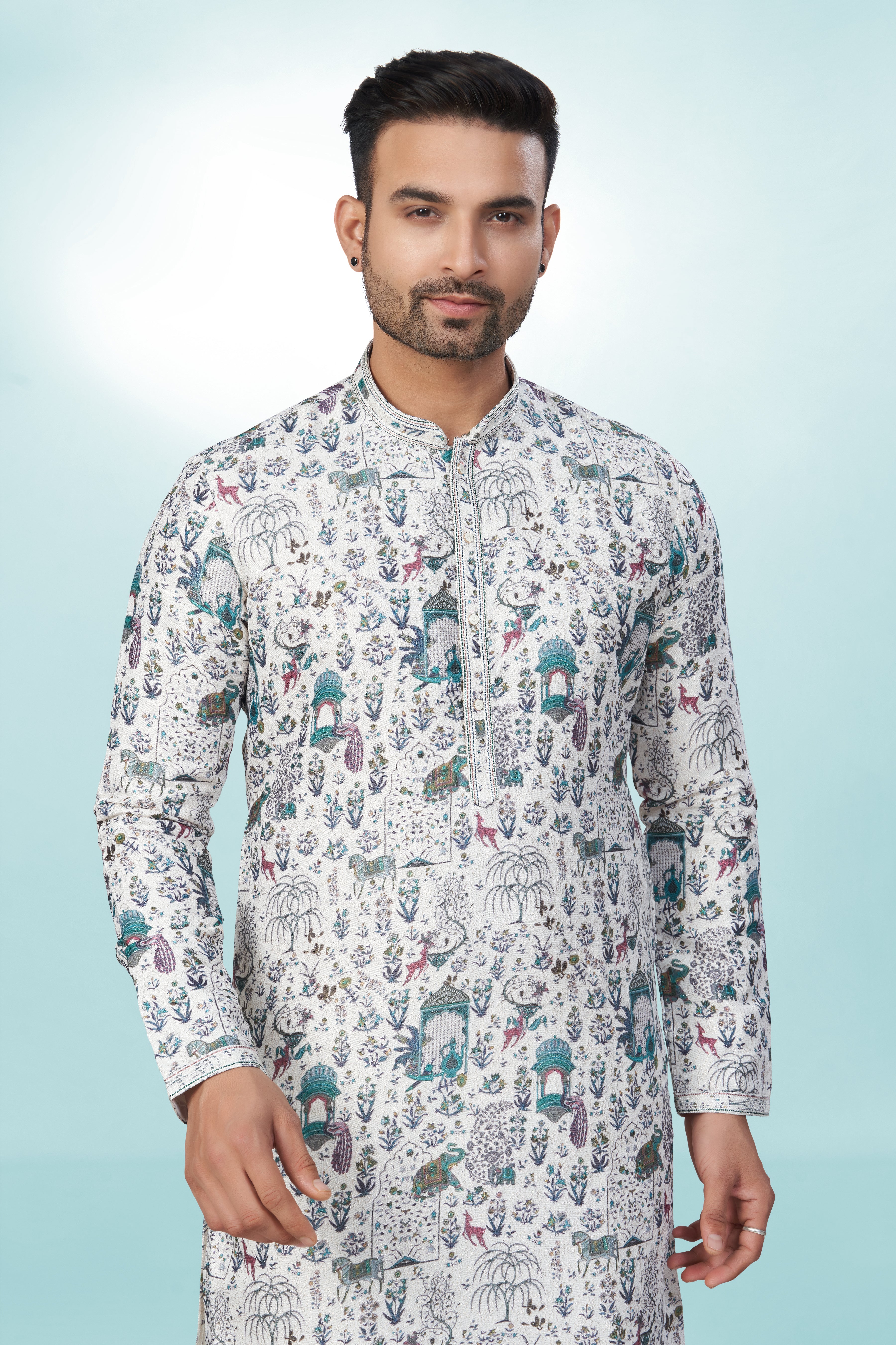 White All-Over Printed Kurta for Men - Cotton lining