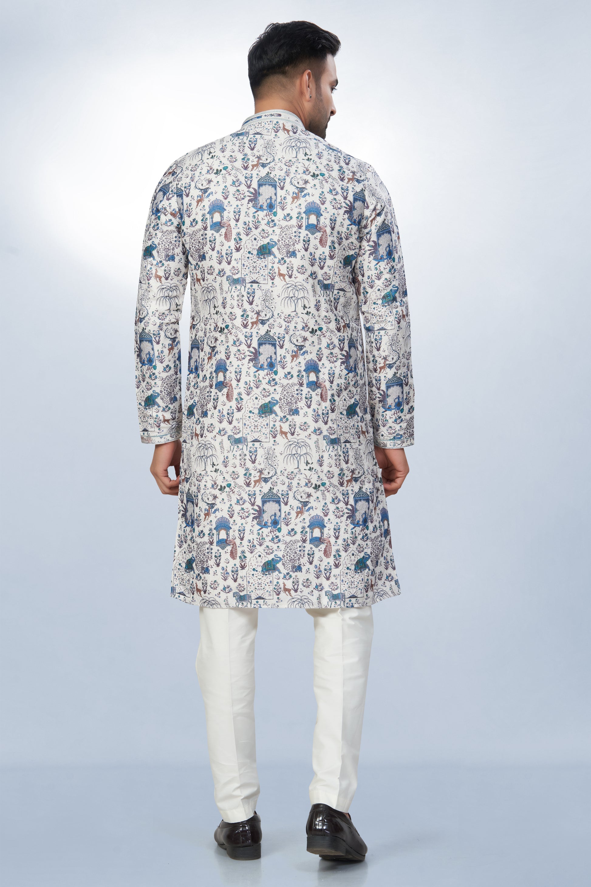 White All-Over Printed Kurta for Men - Cotton lining