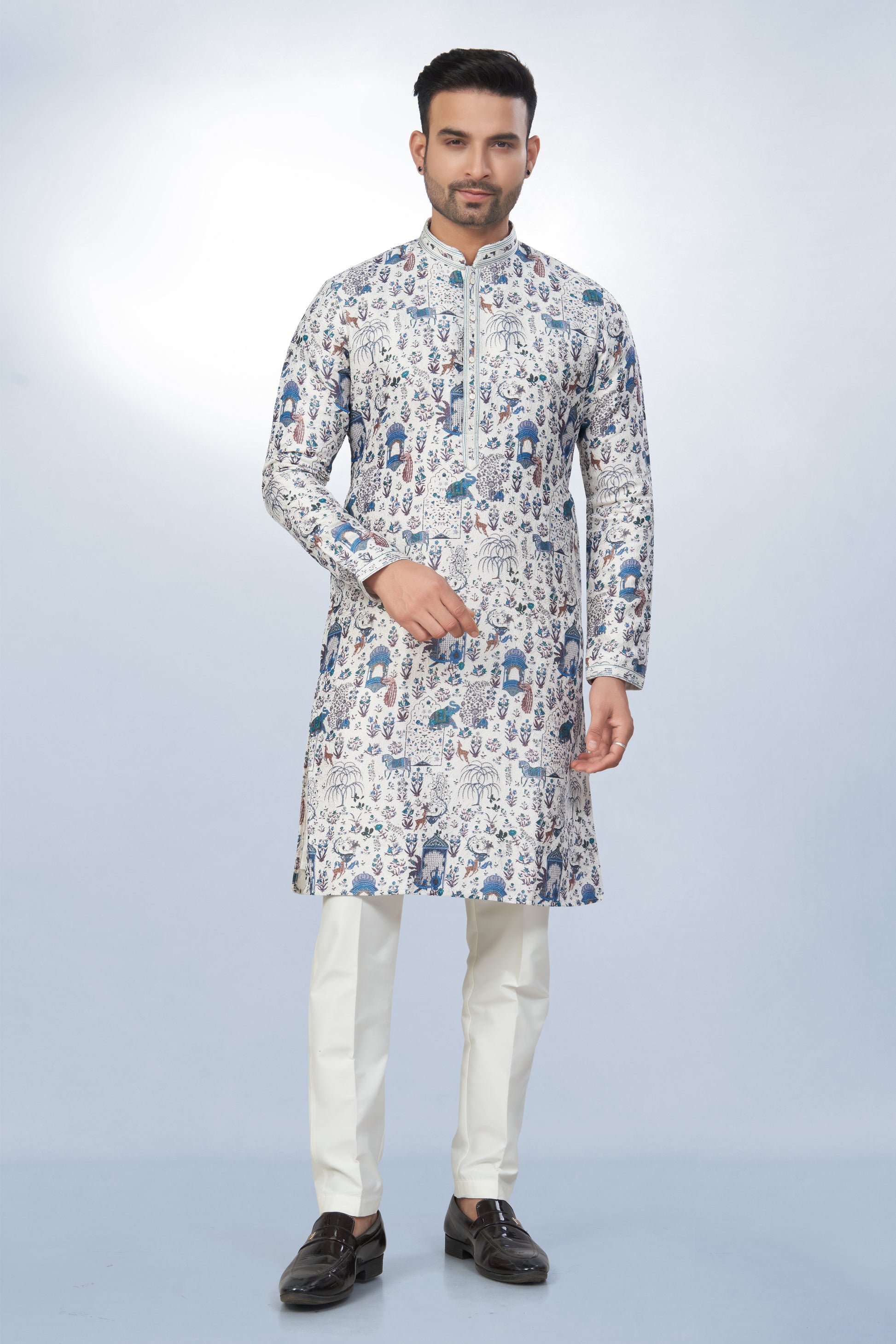 White All-Over Printed Kurta for Men - Cotton lining