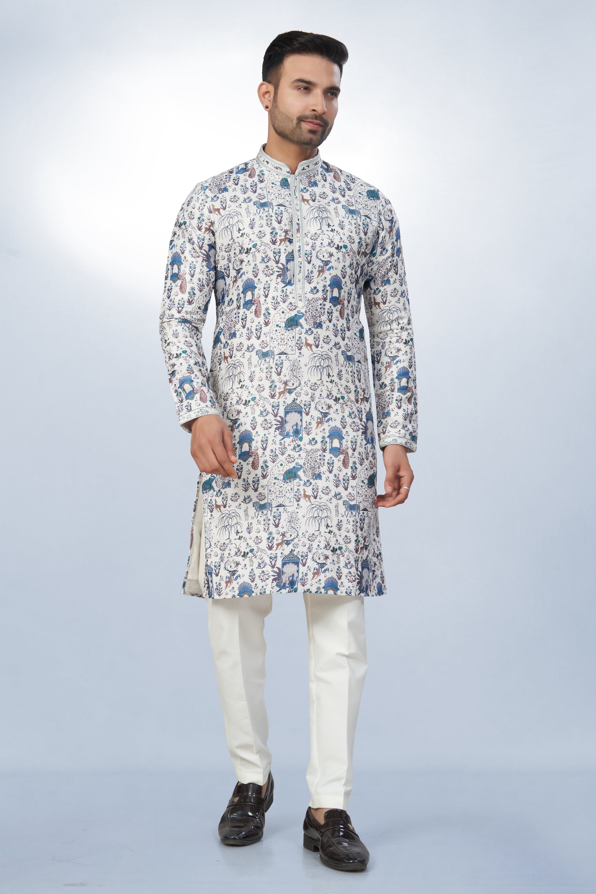 White All-Over Printed Kurta for Men - Cotton lining