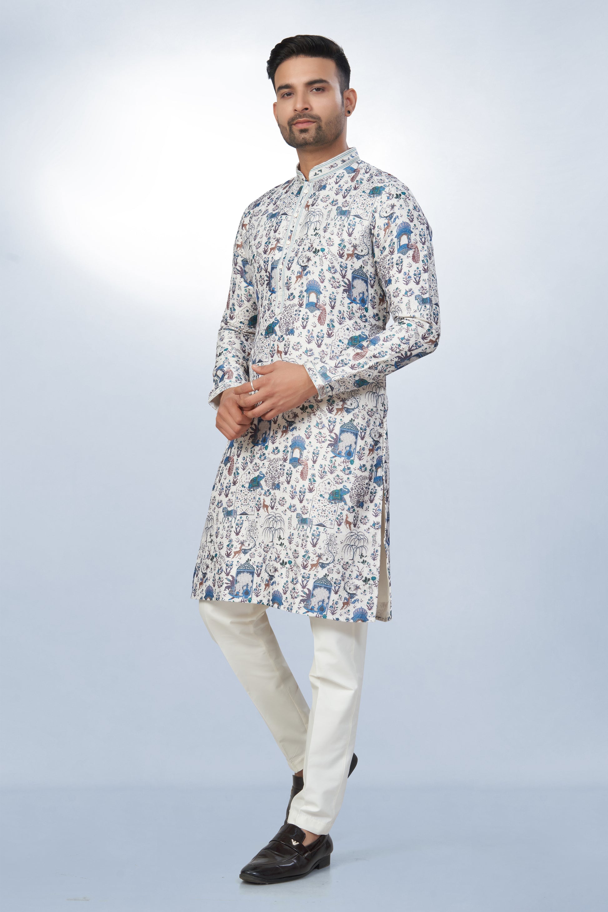 White All-Over Printed Kurta for Men - Cotton lining