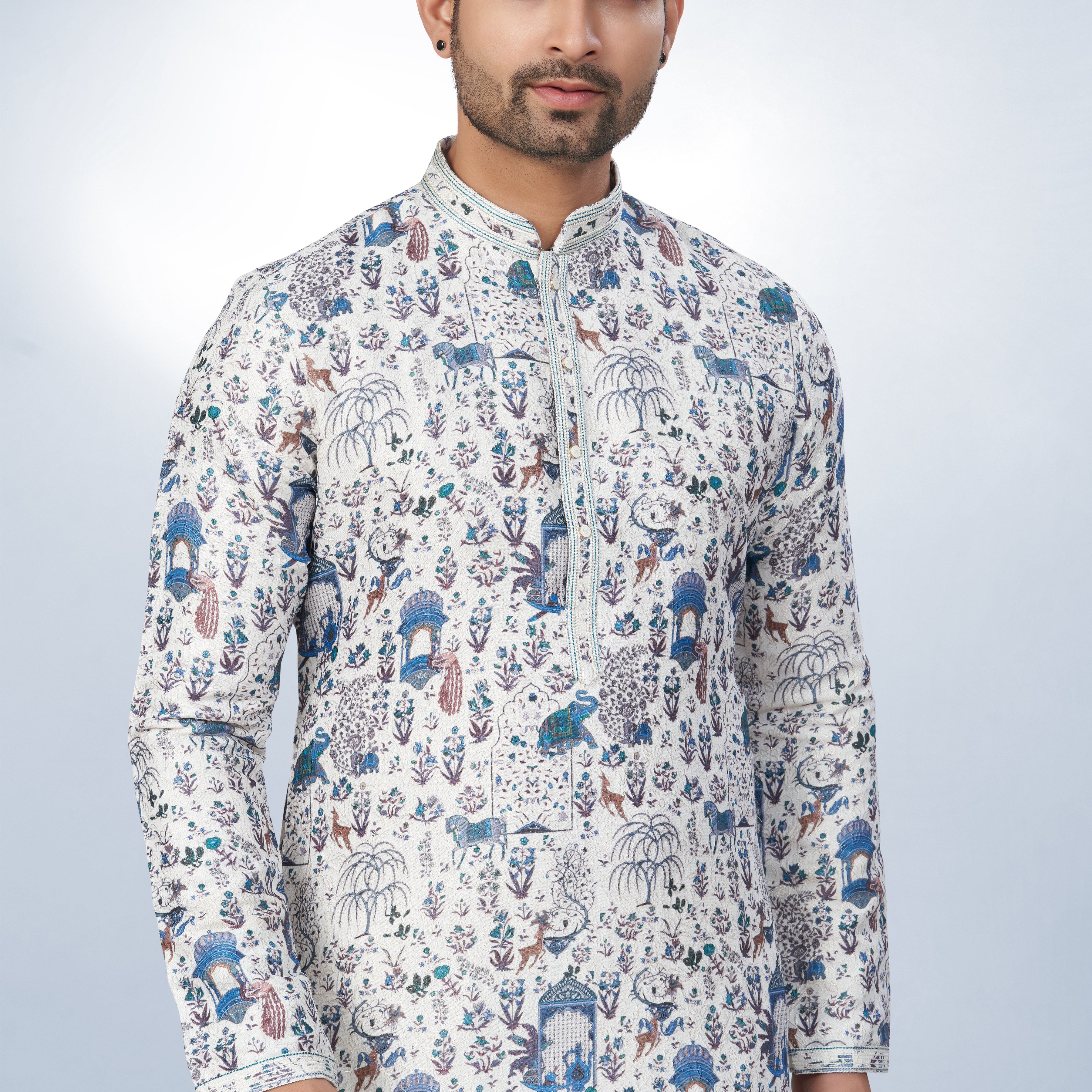 White All-Over Printed Kurta for Men - Cotton lining