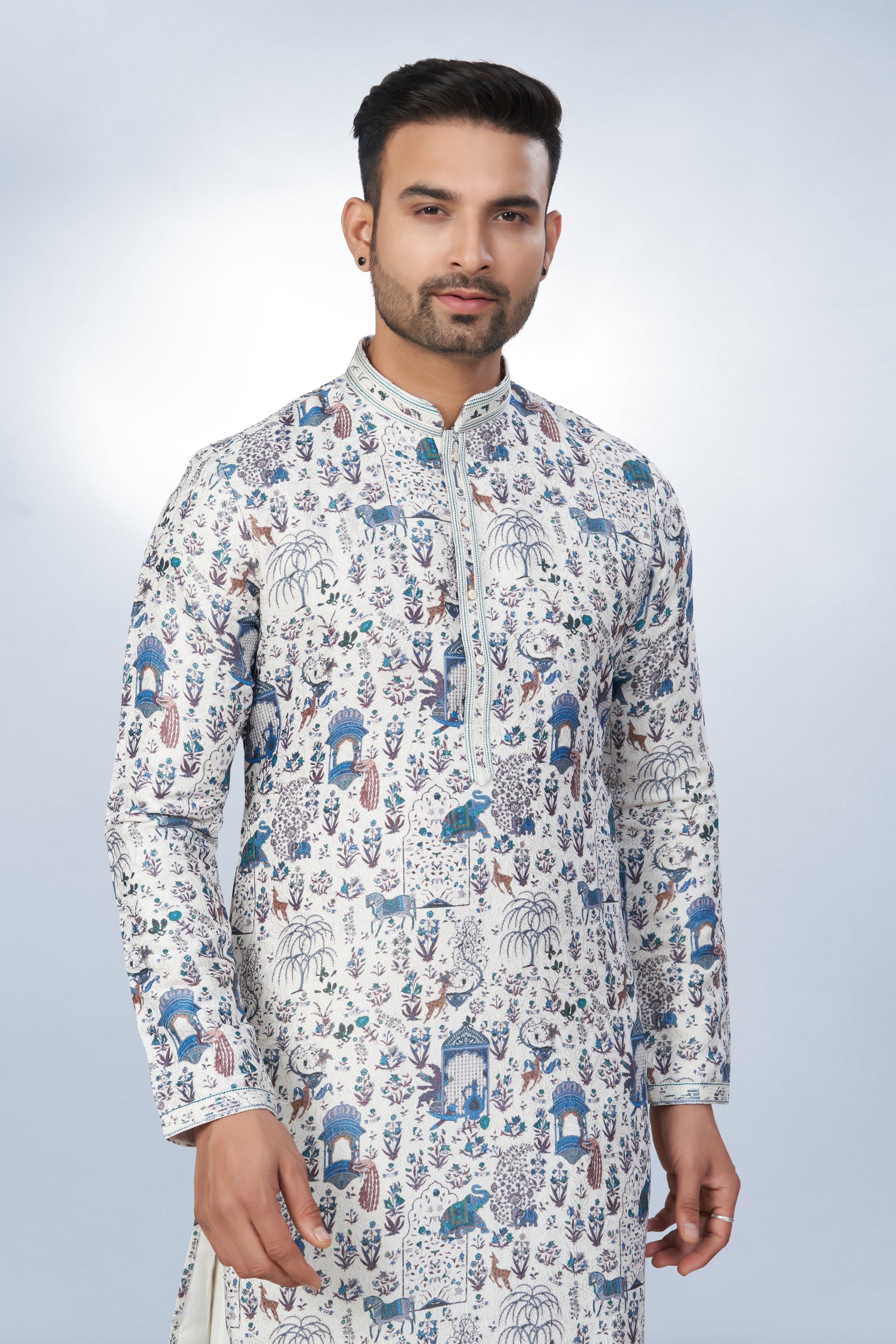 White All-Over Printed Kurta for Men - Cotton lining