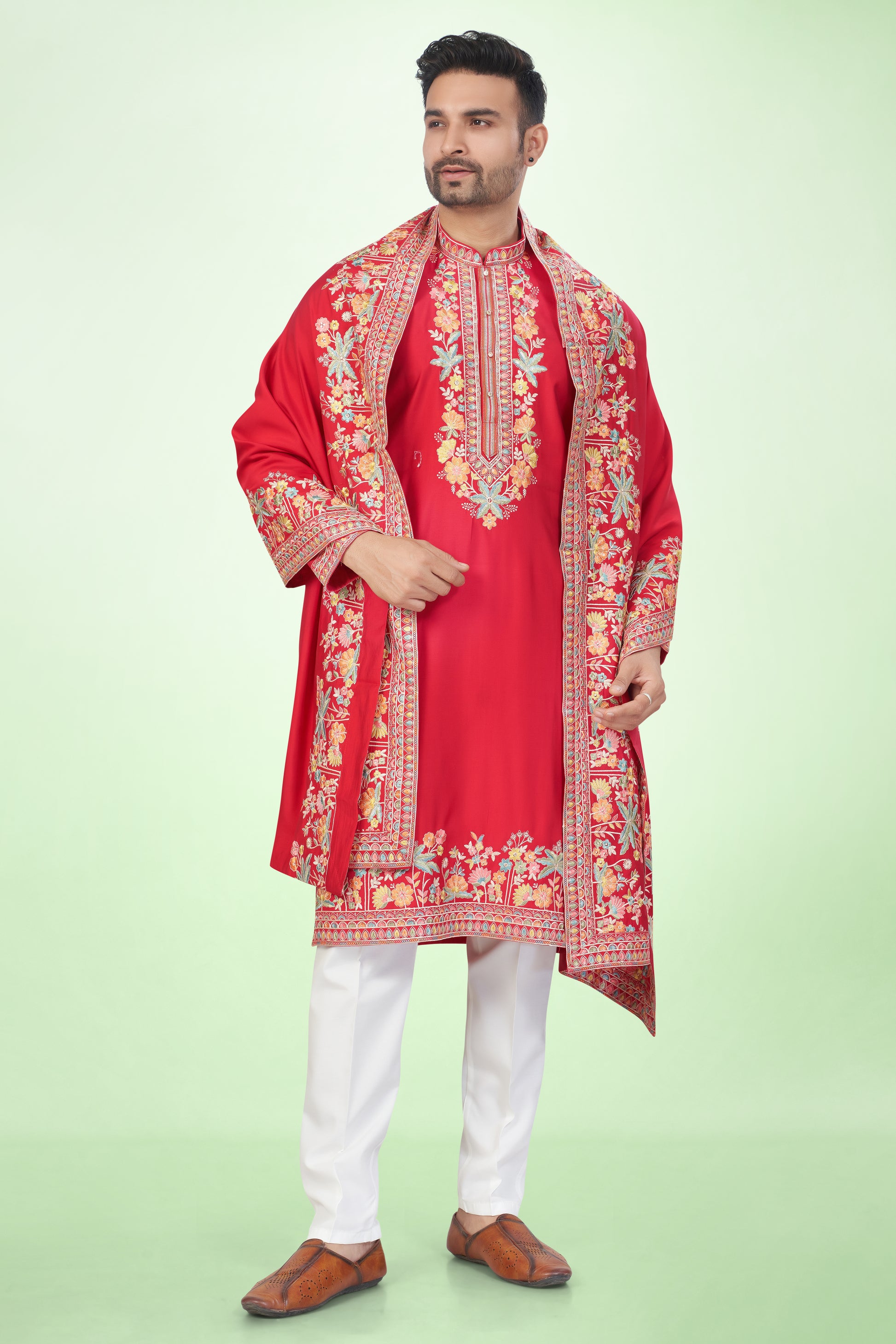 Regal Red Kashmiri Embroidered Kurta Set with Dupatta