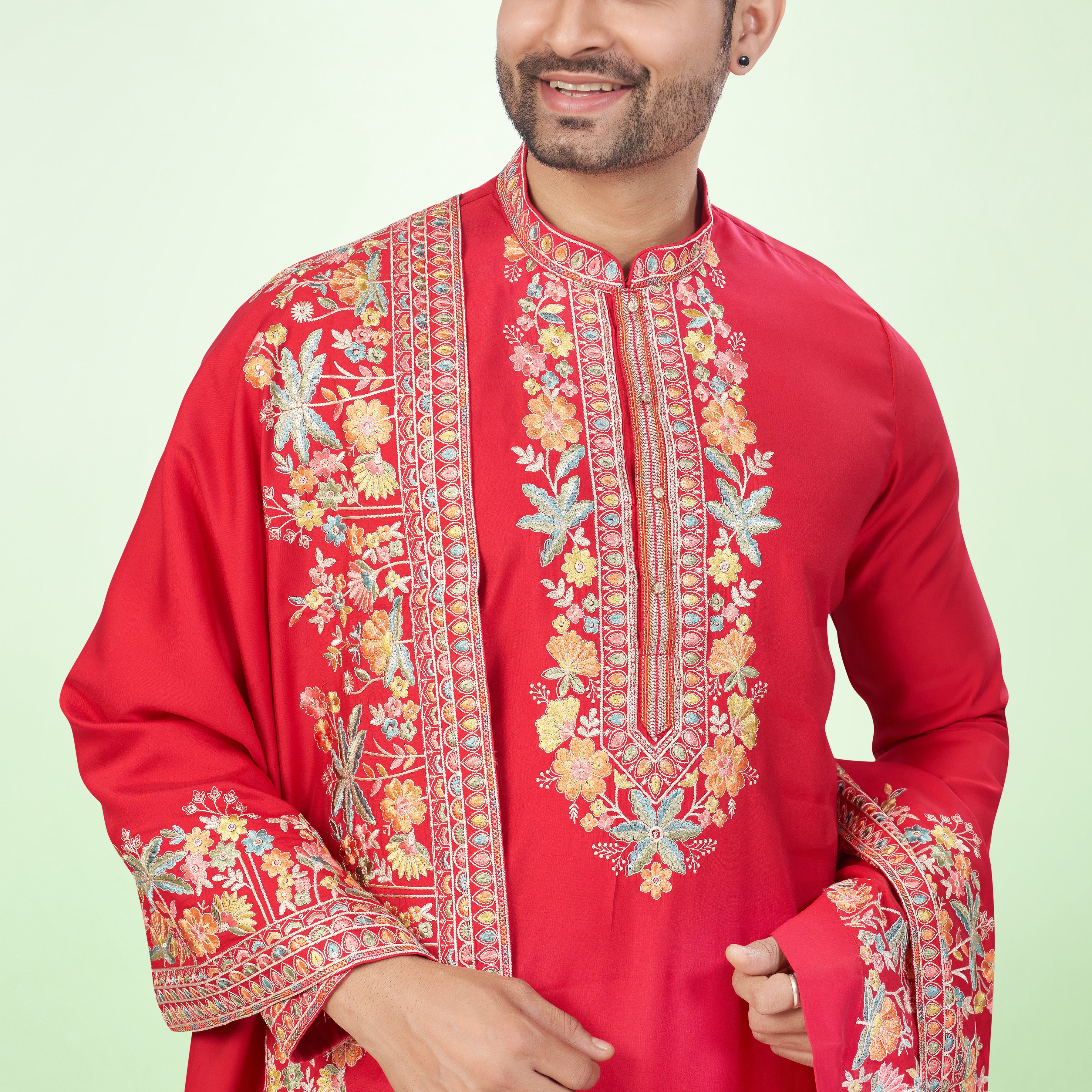 Regal Red Kashmiri Embroidered Kurta Set with Dupatta