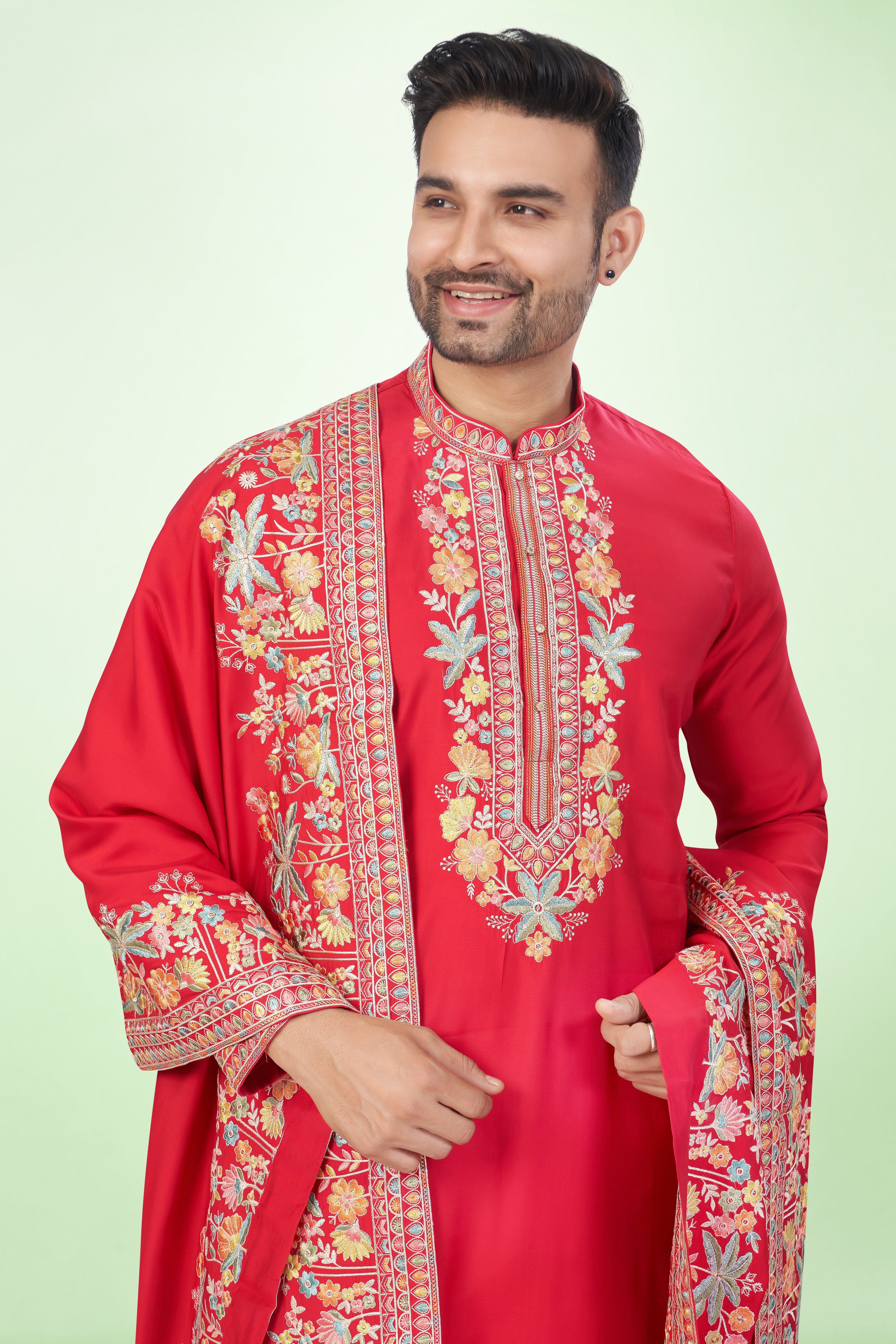 Regal Red Kashmiri Embroidered Kurta Set with Dupatta