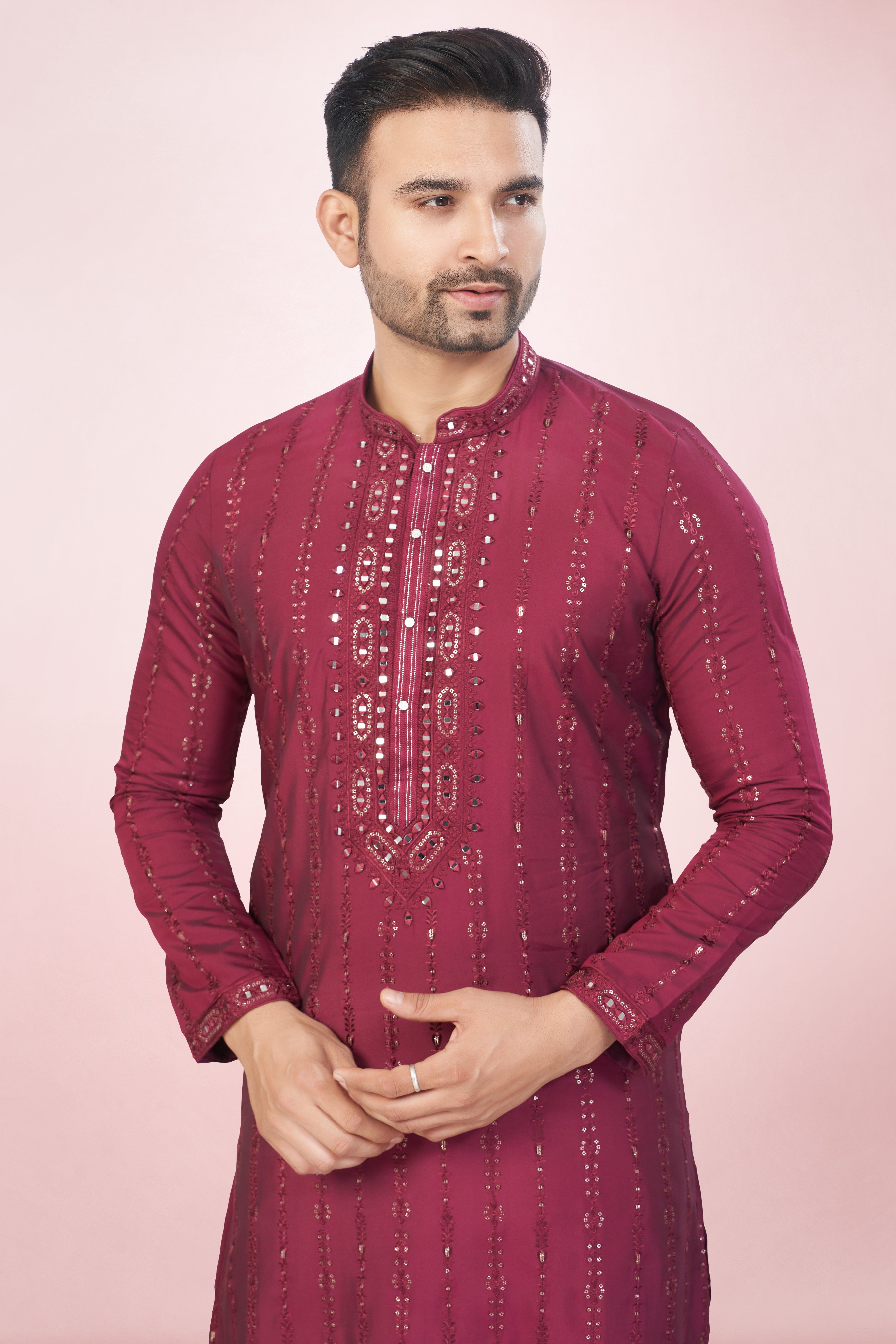 Deep Maroon Kurta Set With Subtle Mirror/Sequin Work