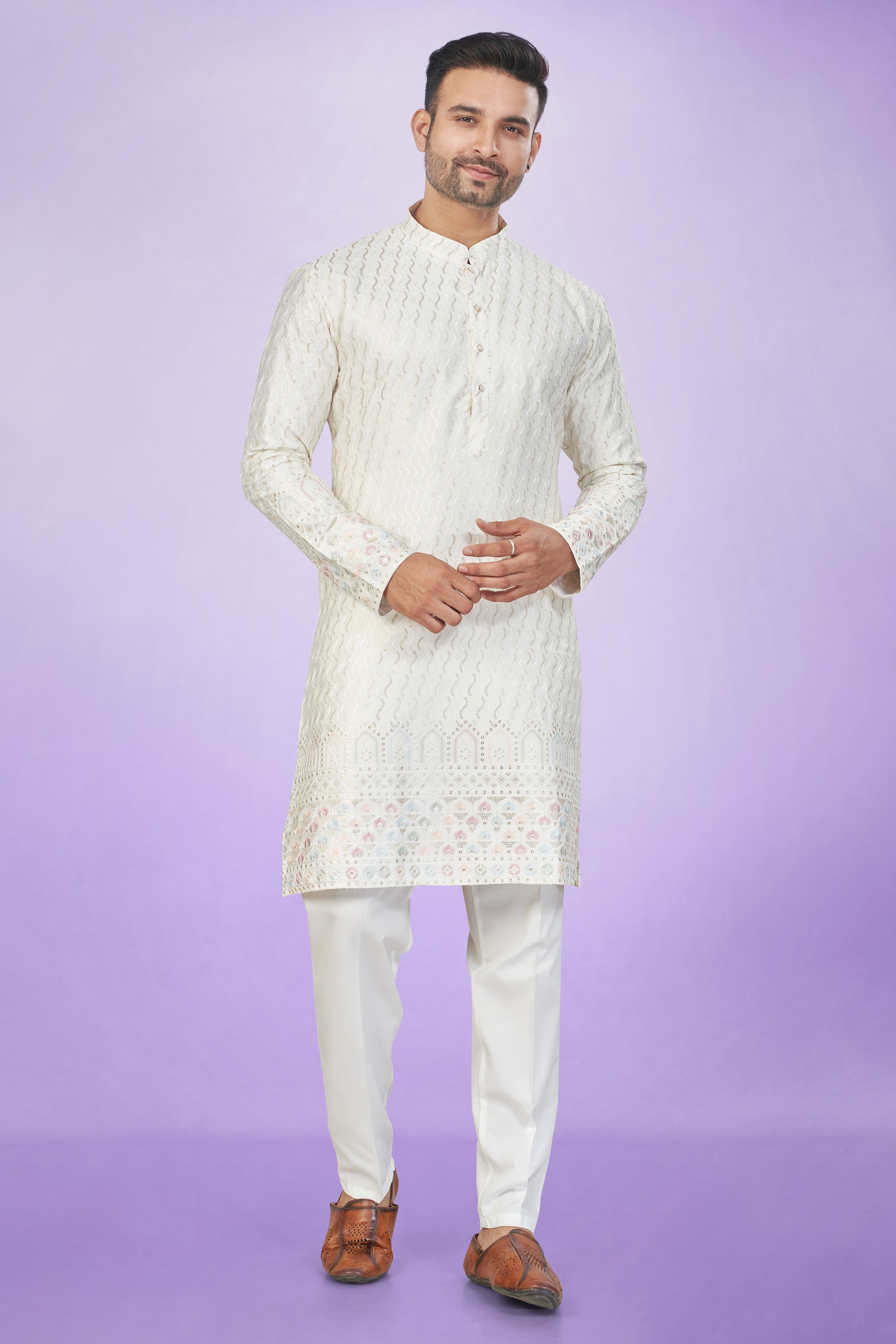 Stunning Off-White Embroidered Kurta