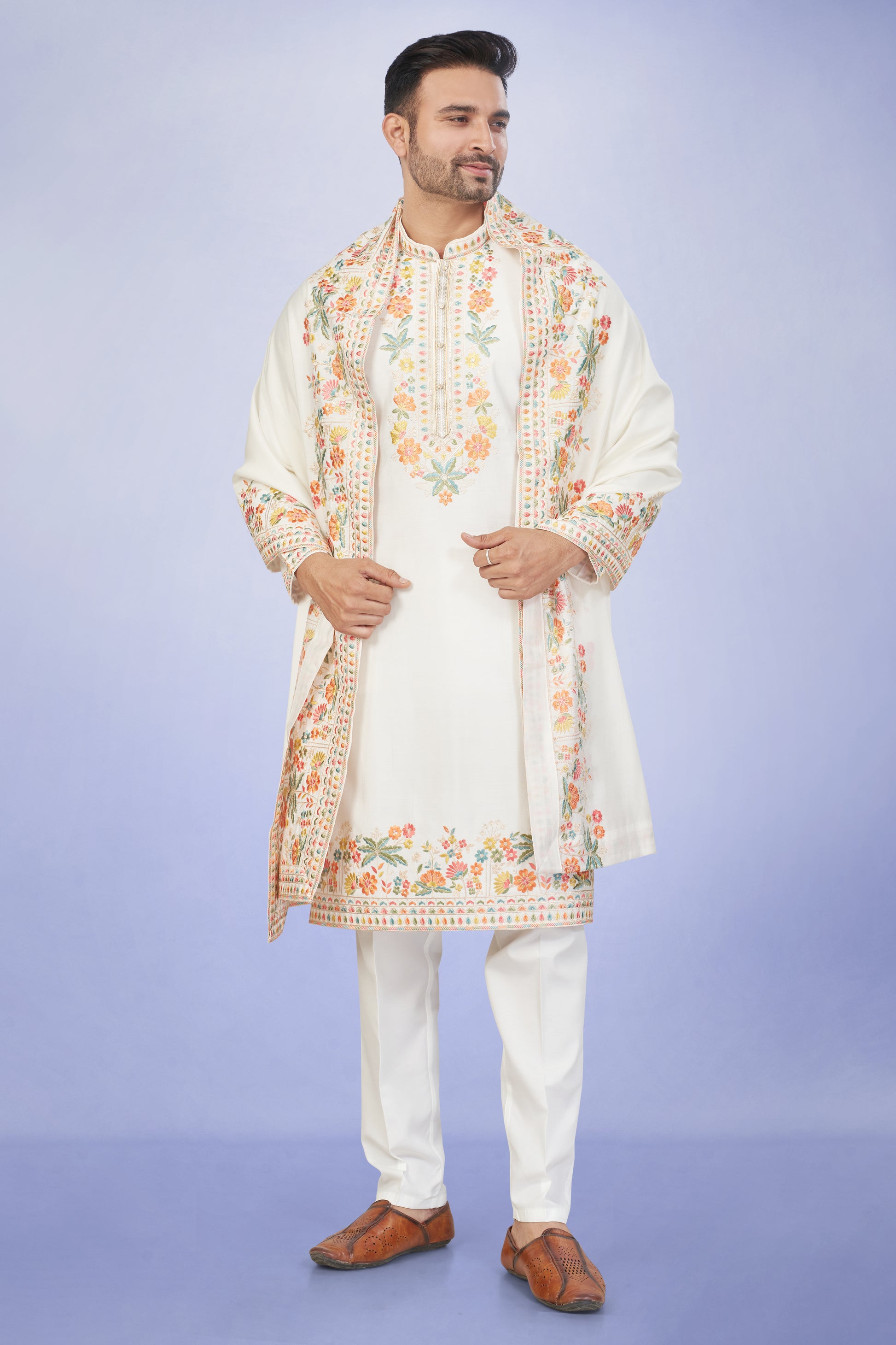 Royal Ivory Kashmiri Embroidered Kurta Set with Dupatta