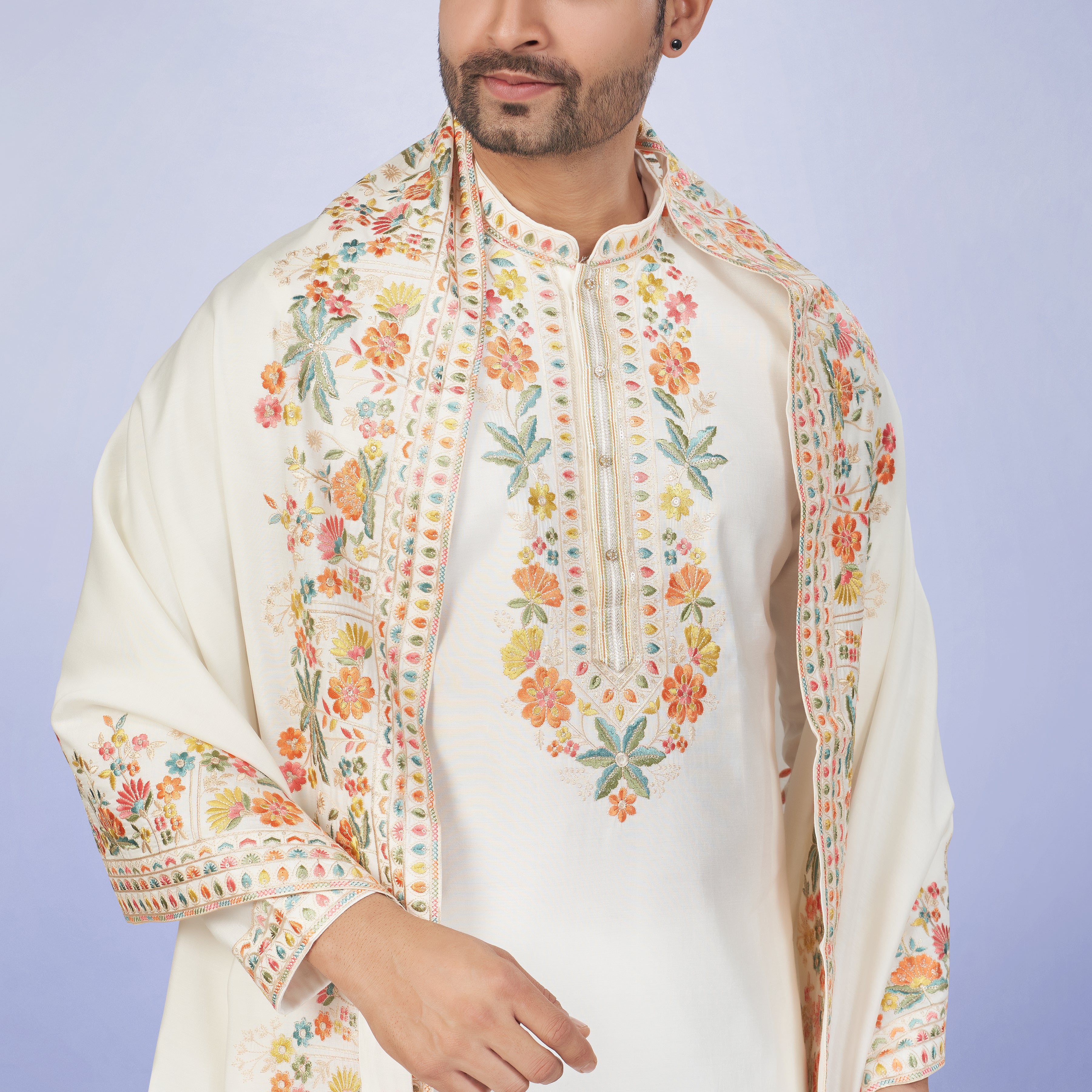 Royal Ivory Kashmiri Embroidered Kurta Set with Dupatta