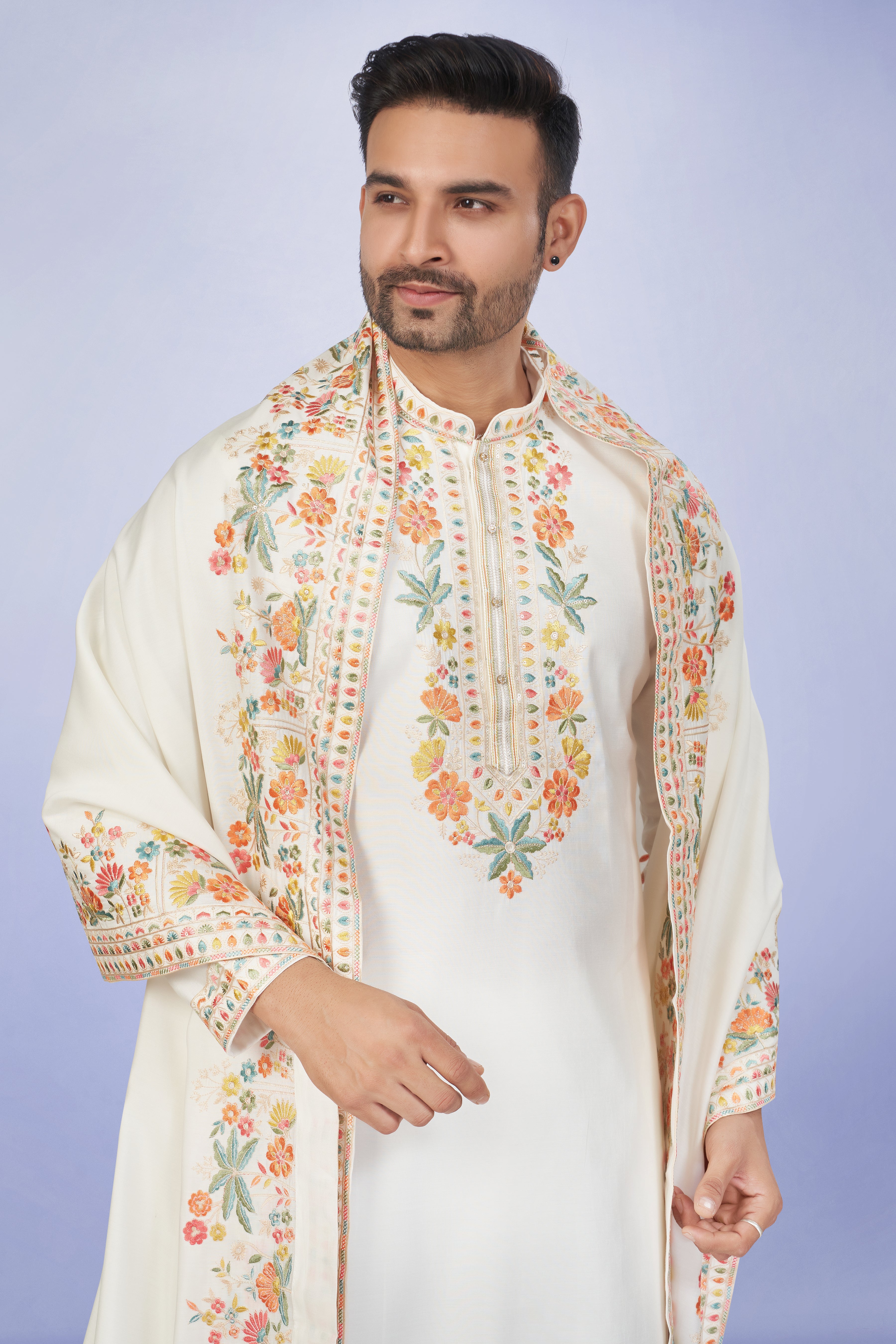 Royal Ivory Kashmiri Embroidered Kurta Set with Dupatta