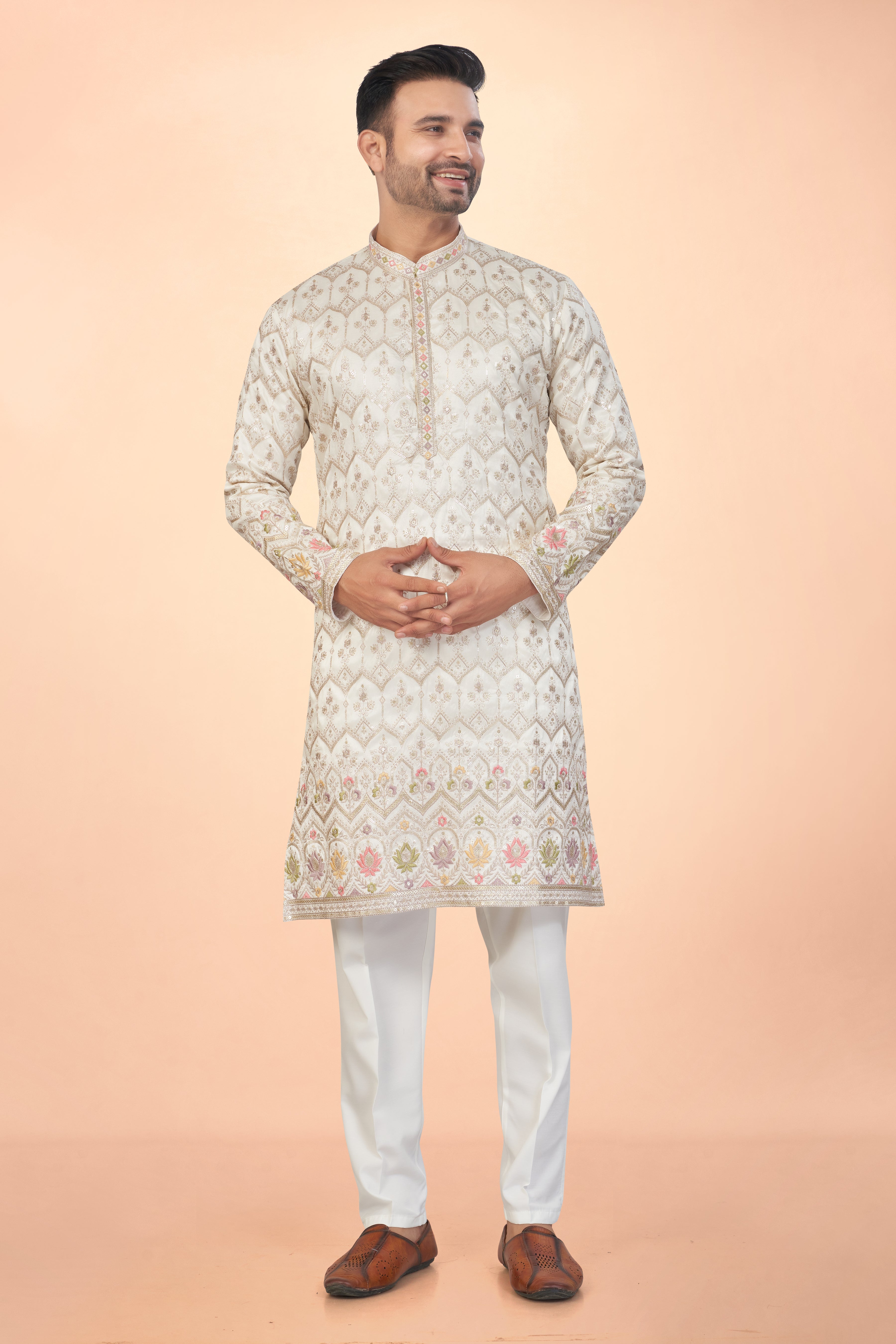 Awesome Off-White Embroidered Kurta Set