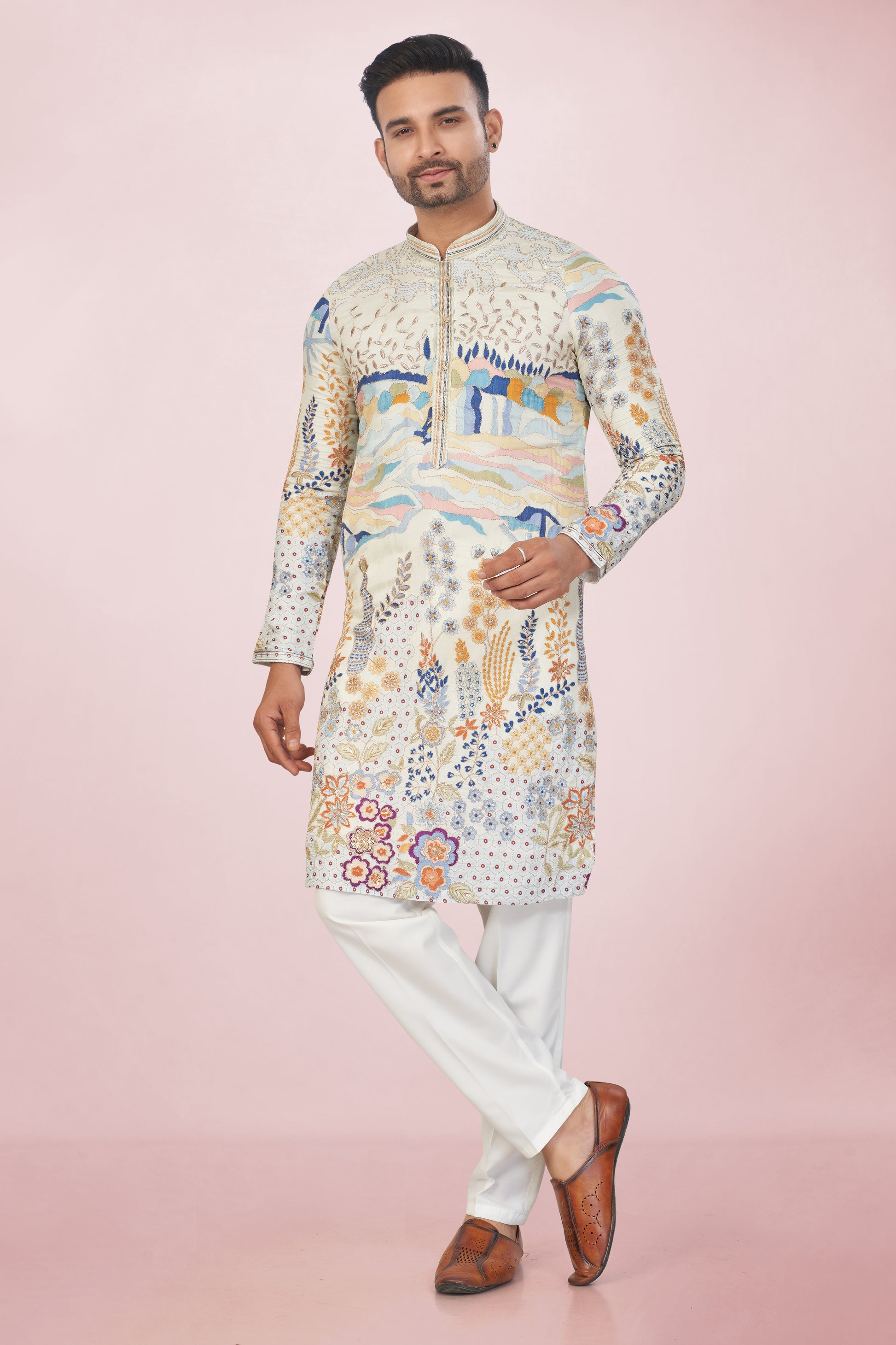 Stunning Ivory Embroidered Mirror Work Kurta Set