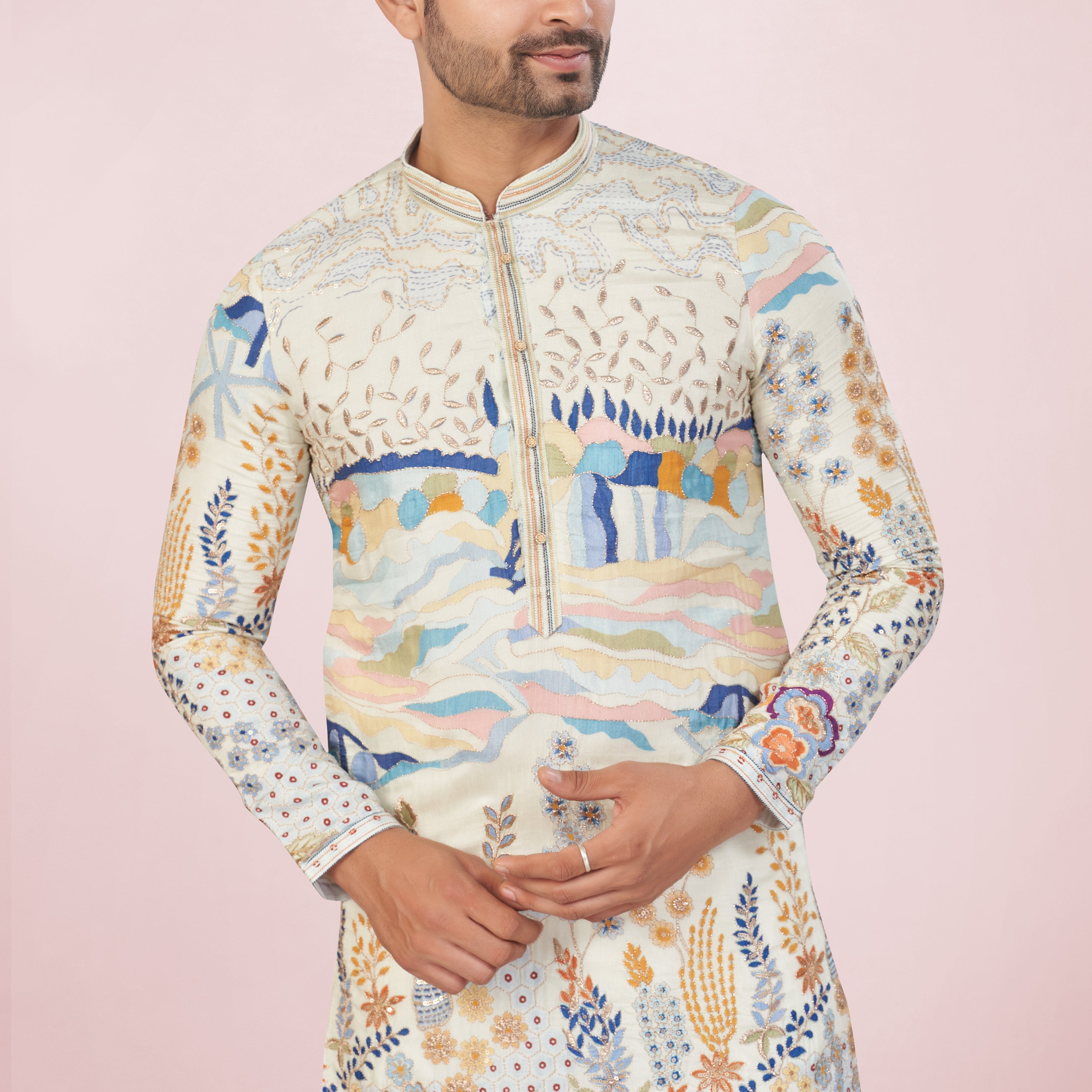 Stunning Ivory Embroidered Mirror Work Kurta Set