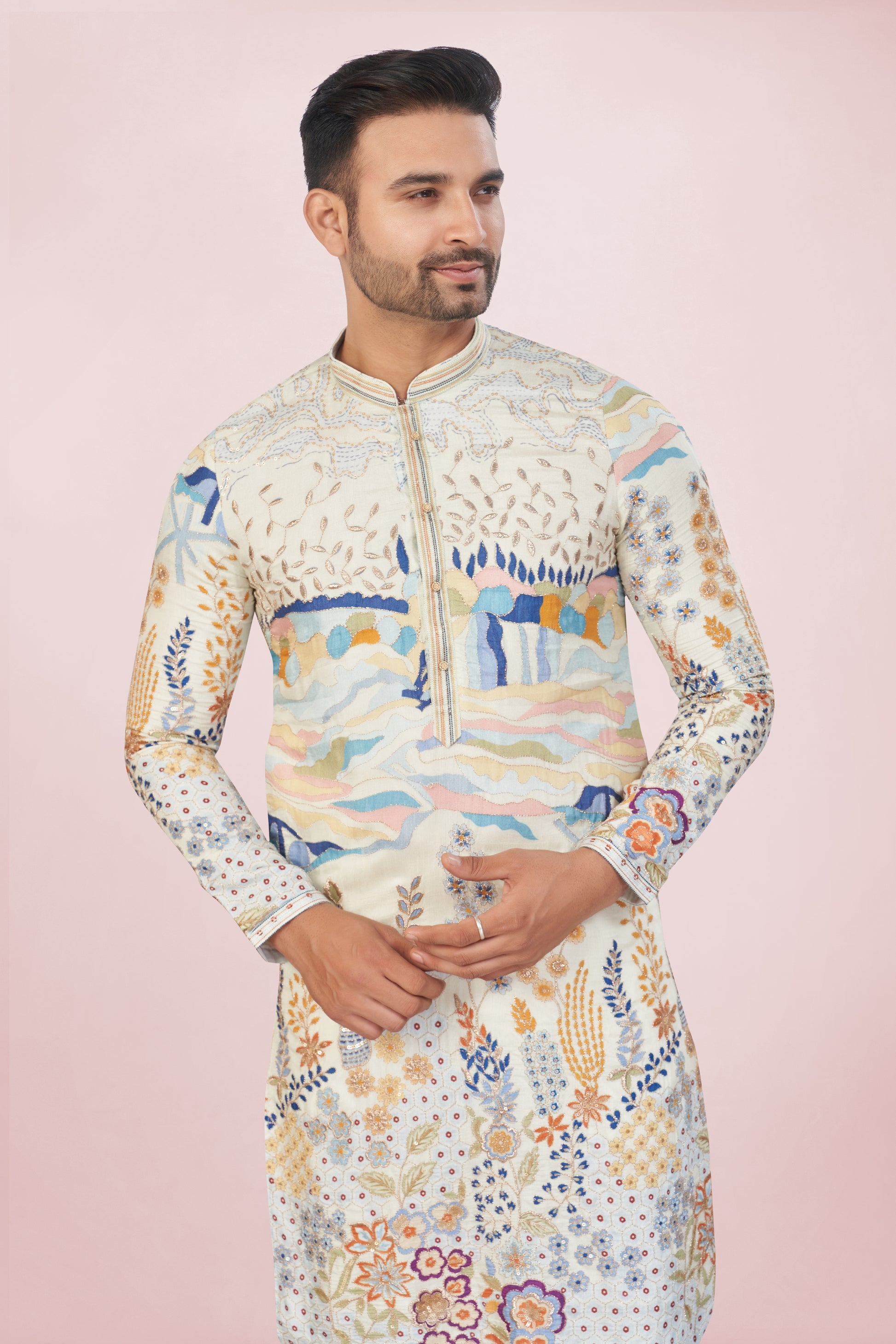 Stunning Ivory Embroidered Mirror Work Kurta Set